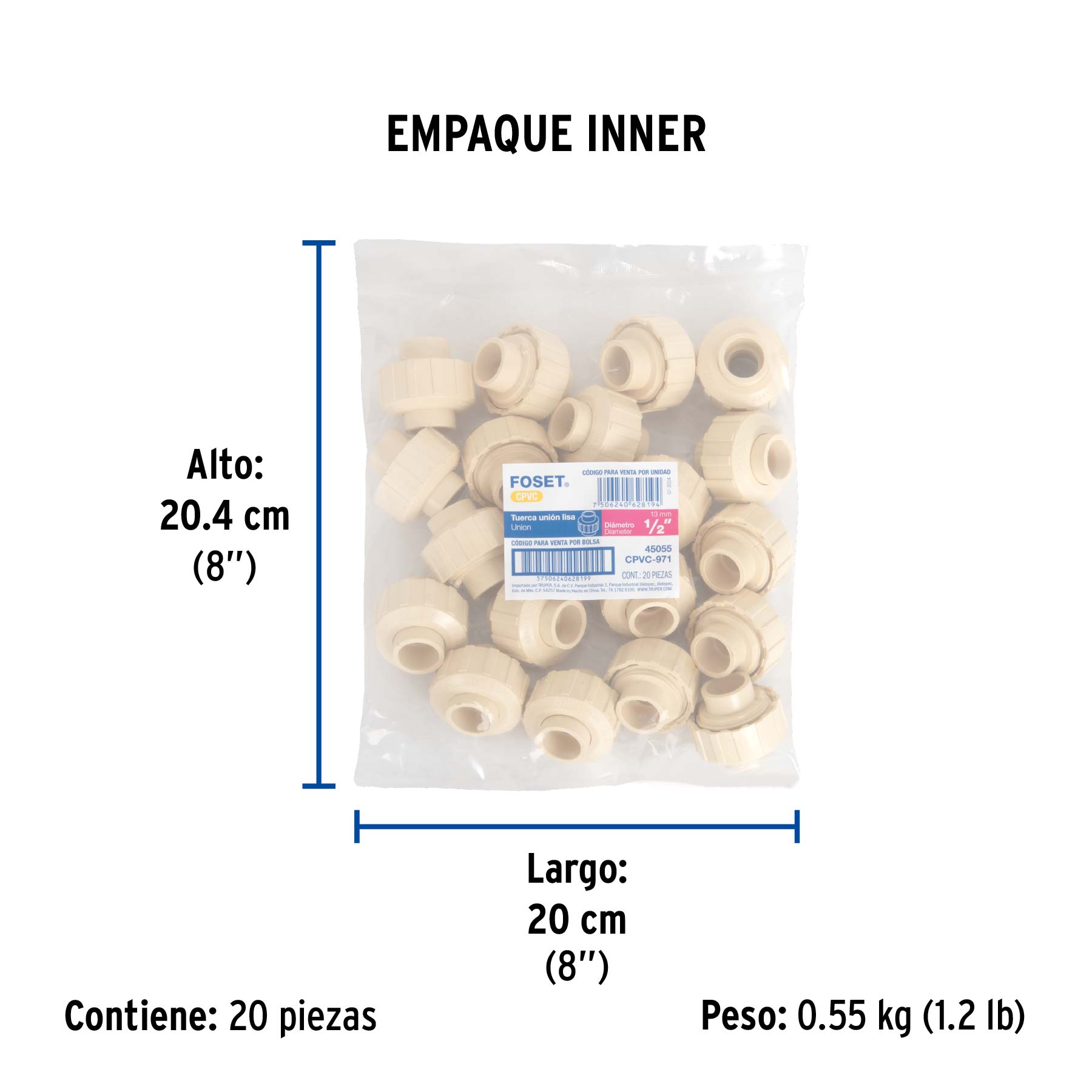 Tuerca unión lisa de CPVC 1/2", FOSET - Empaque