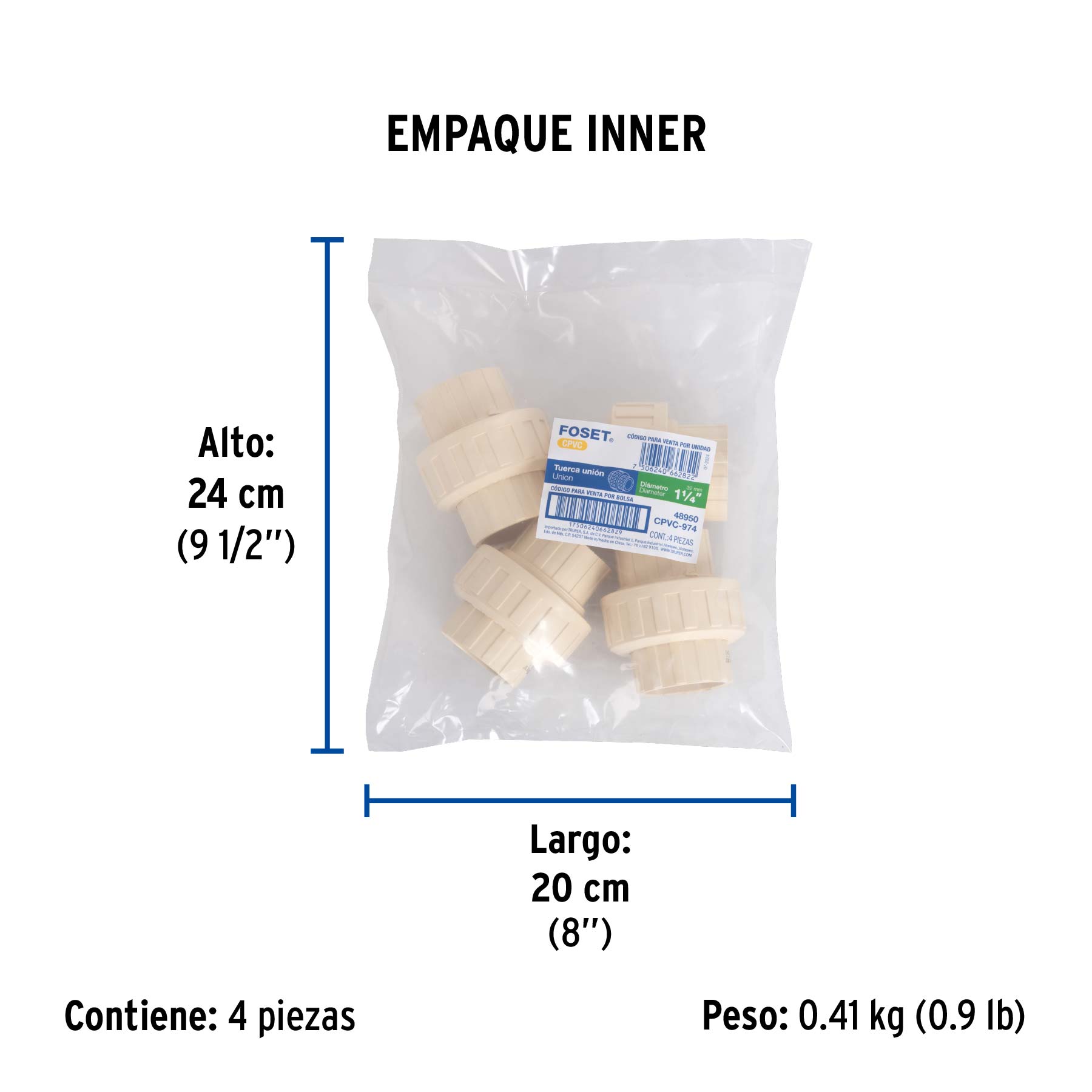 Tuerca unión lisa de CPVC 1-1/4", FOSET - Empaque