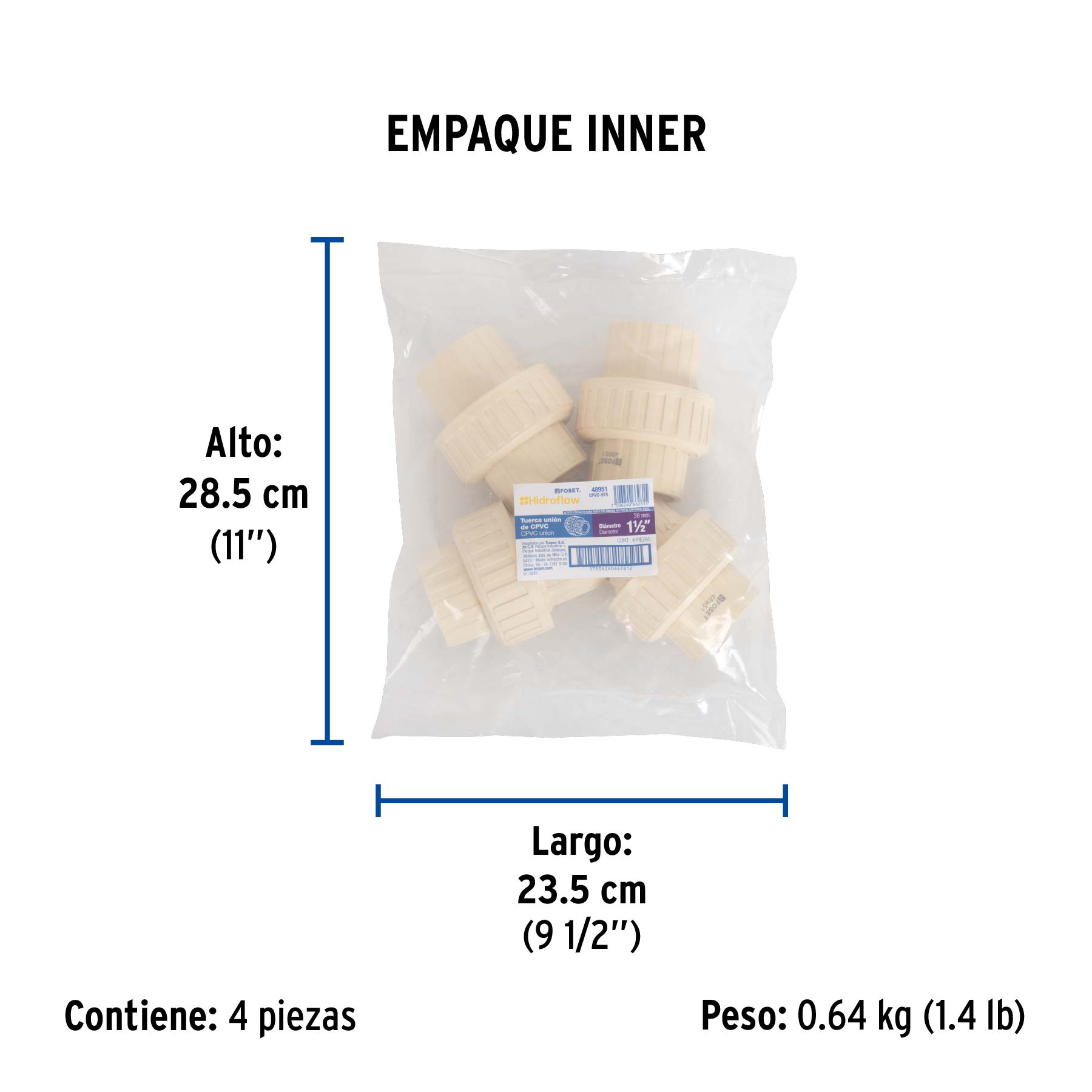 Tuerca unión lisa de CPVC 1-1/2", FOSET - Empaque