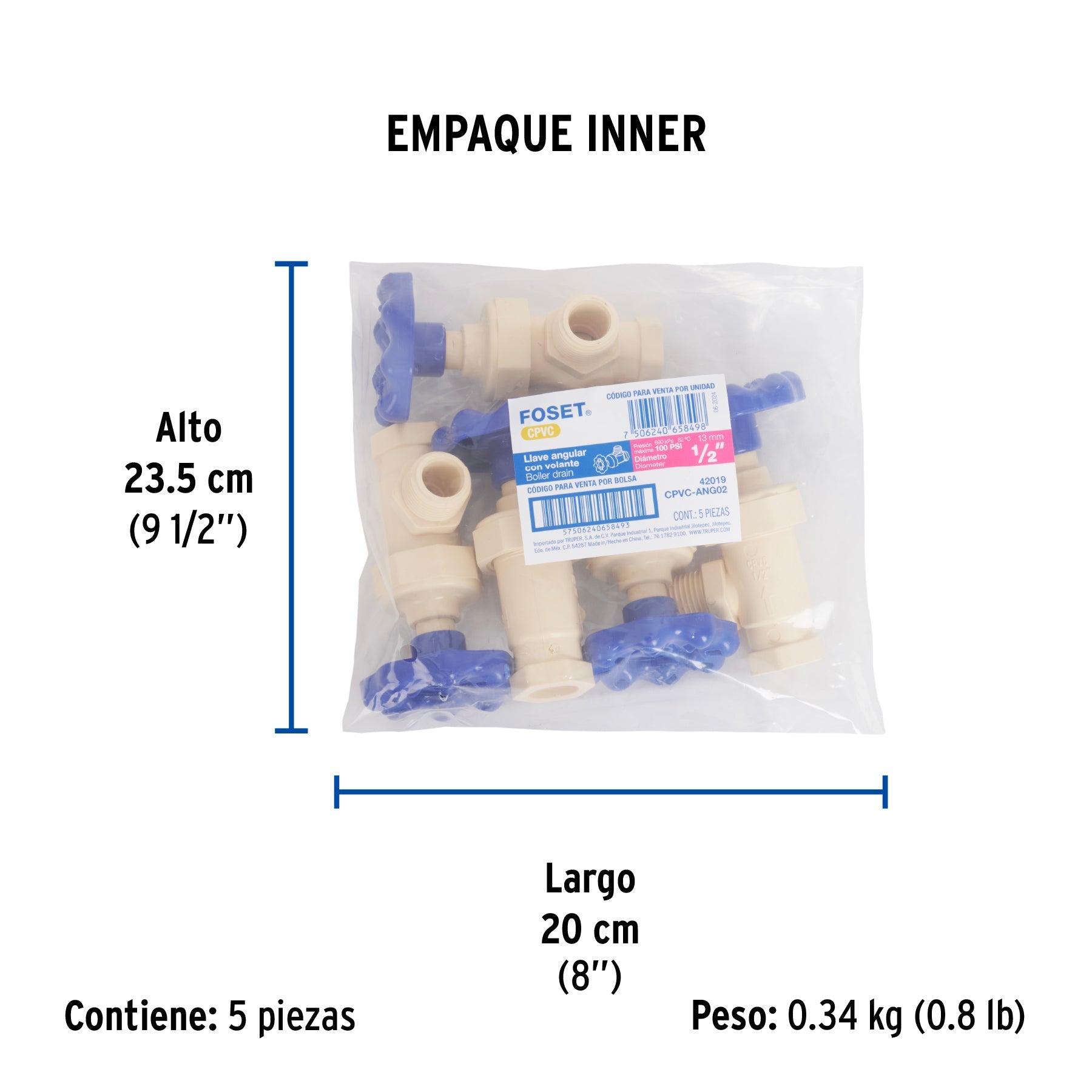 Llave angular de CPVC de 1/2" maneral volante, FOSET - Empaque