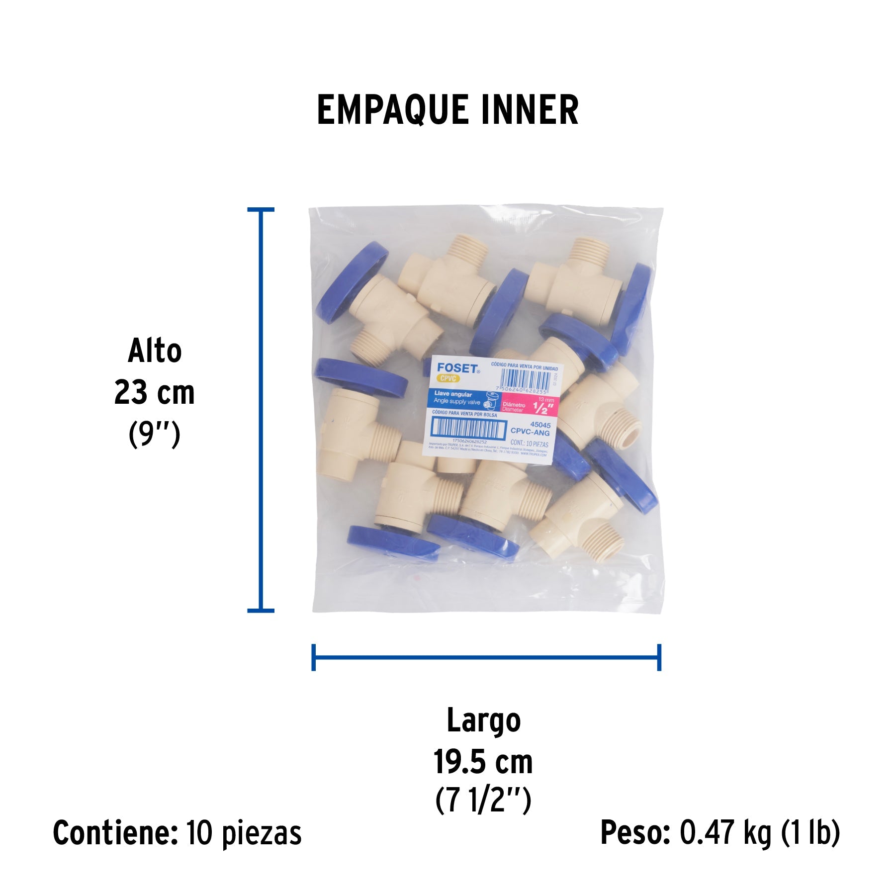 Llave angular de CPVC de 1/2" x 1/2", FOSET - Empaque