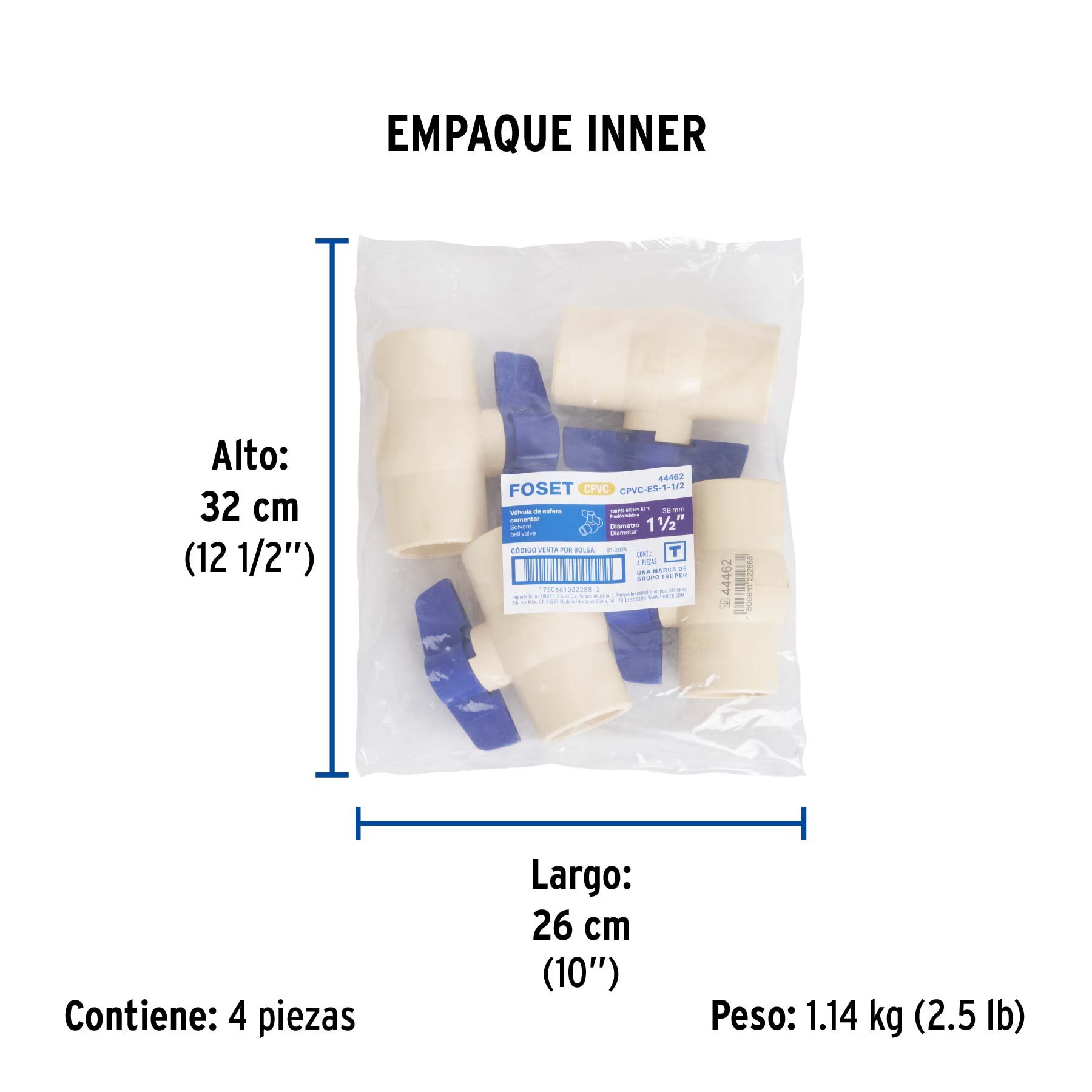 Válvula de esfera CPVC, 1-1/2", FOSET - Empaque