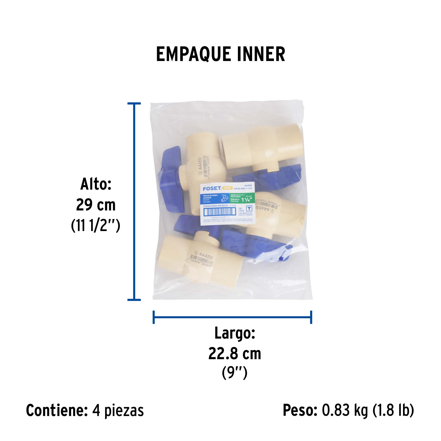 Válvula de esfera CPVC, 1-1/4", FOSET - Empaque