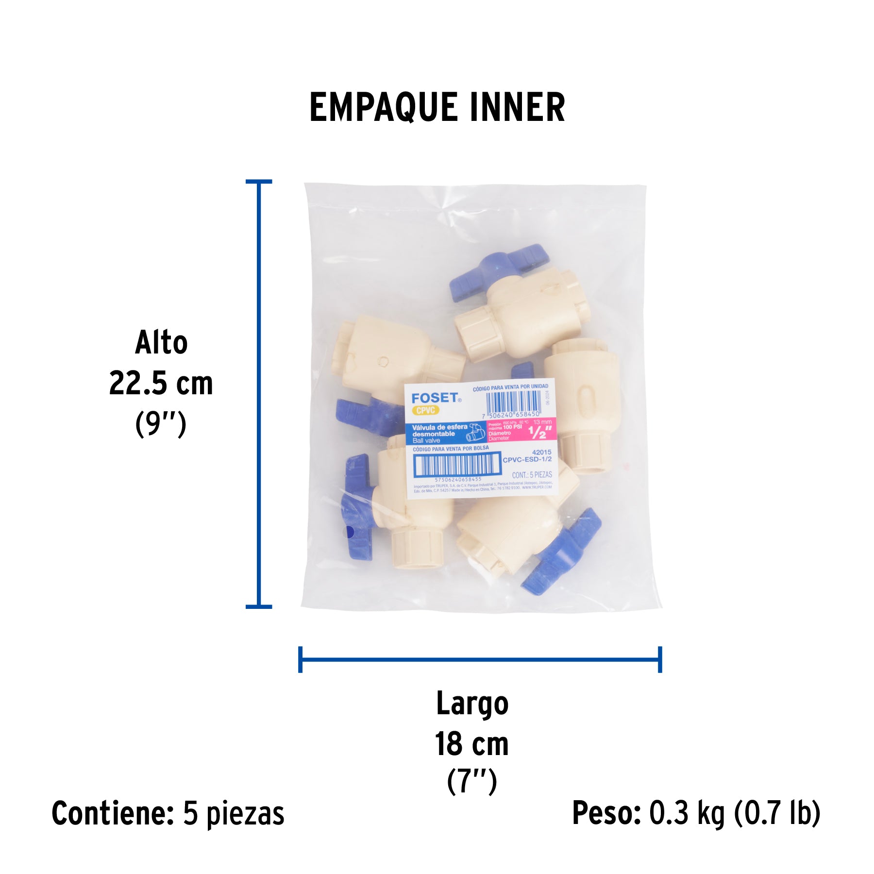 Válvula de esfera desmontable de CPVC de 1/2", FOSET - Empaque