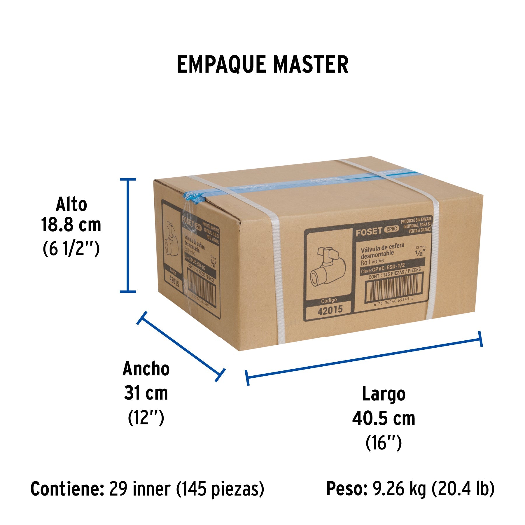 Válvula de esfera desmontable de CPVC de 1/2", FOSET - Empaque