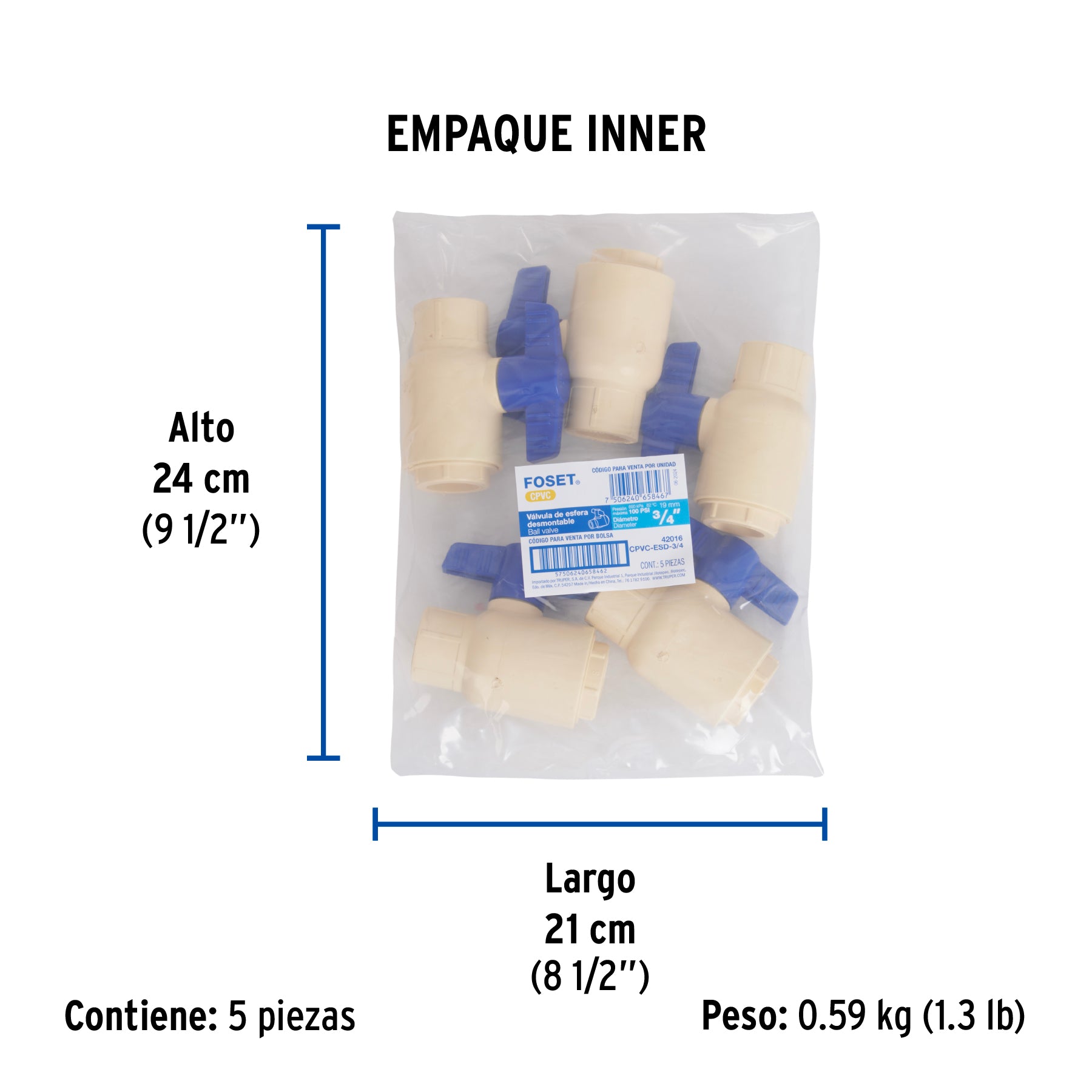 Válvula de esfera desmontable de CPVC de 3/4", FOSET - Empaque