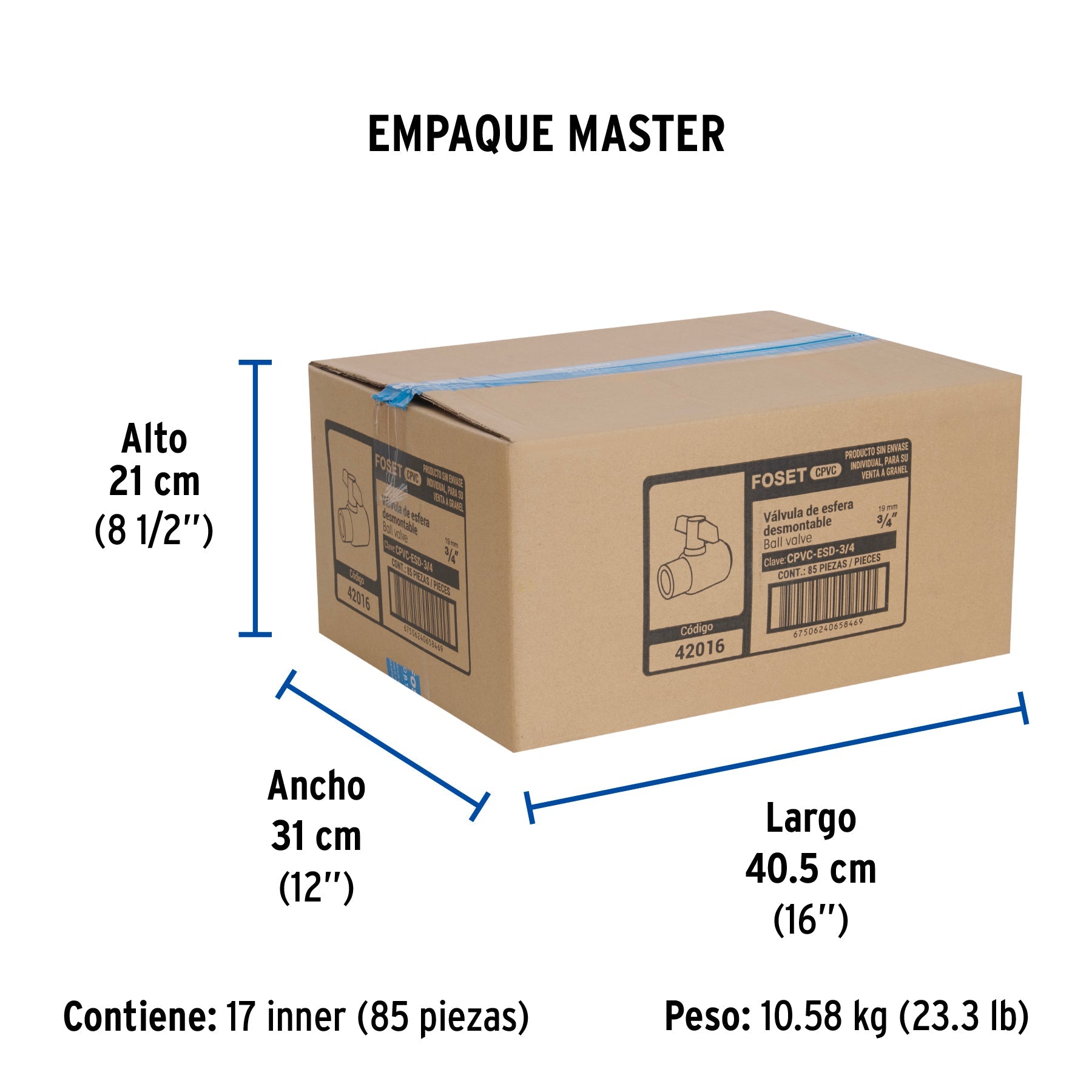 Válvula de esfera desmontable de CPVC de 3/4", FOSET - Empaque