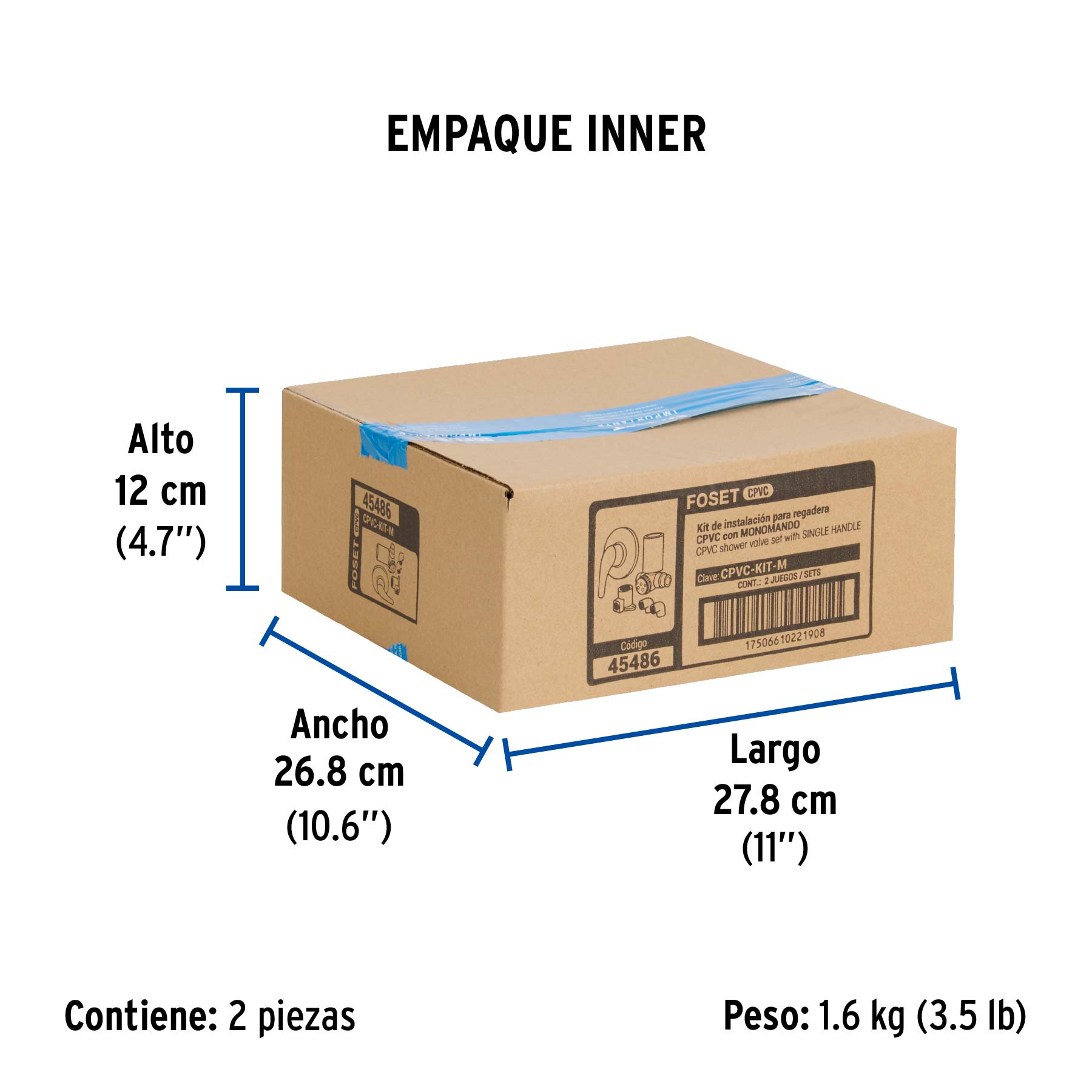 Kit de instalación p/regadera CPVC 1/2" con monomando, FOSET - Empaque