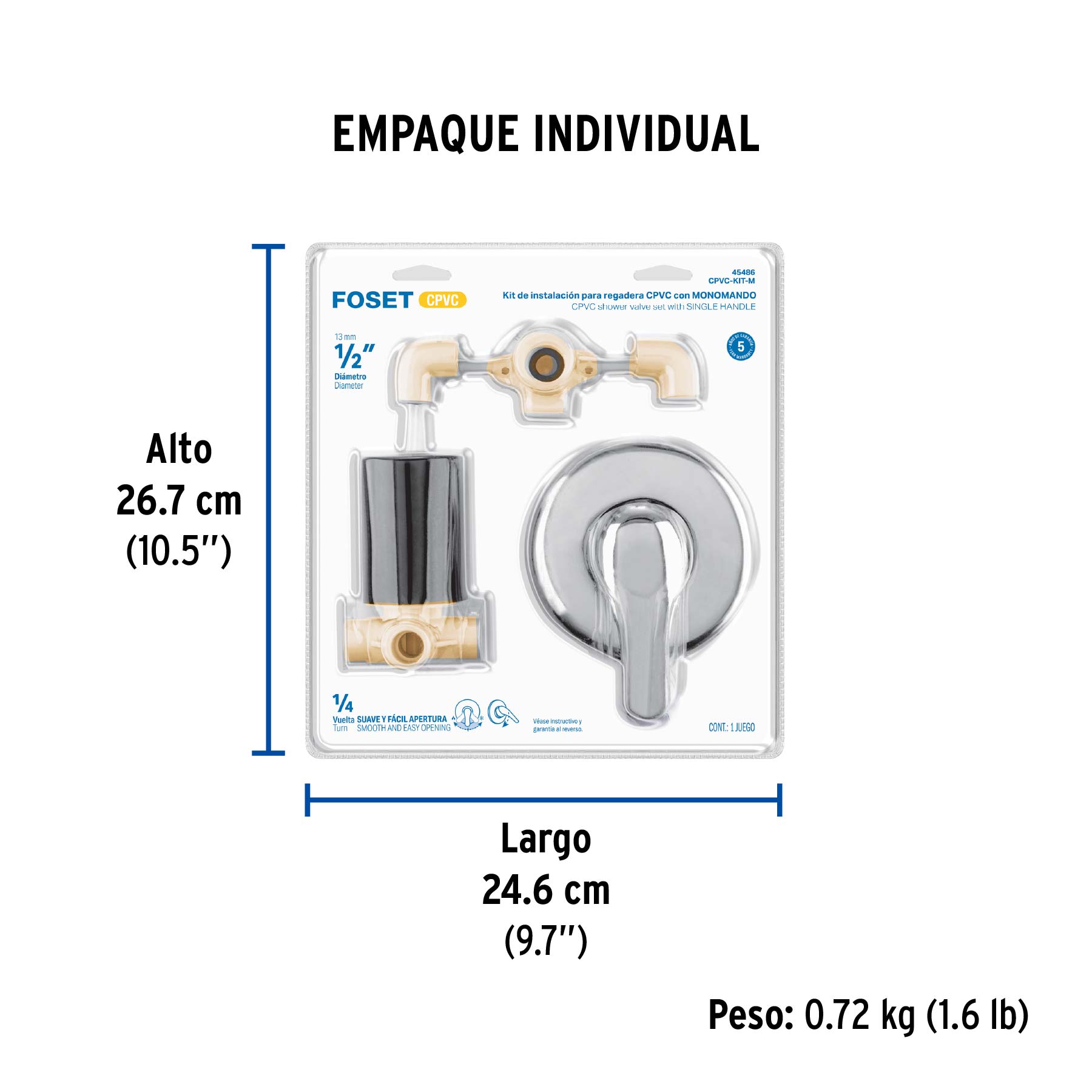 Kit de instalación p/regadera CPVC 1/2" con monomando, FOSET - Empaque