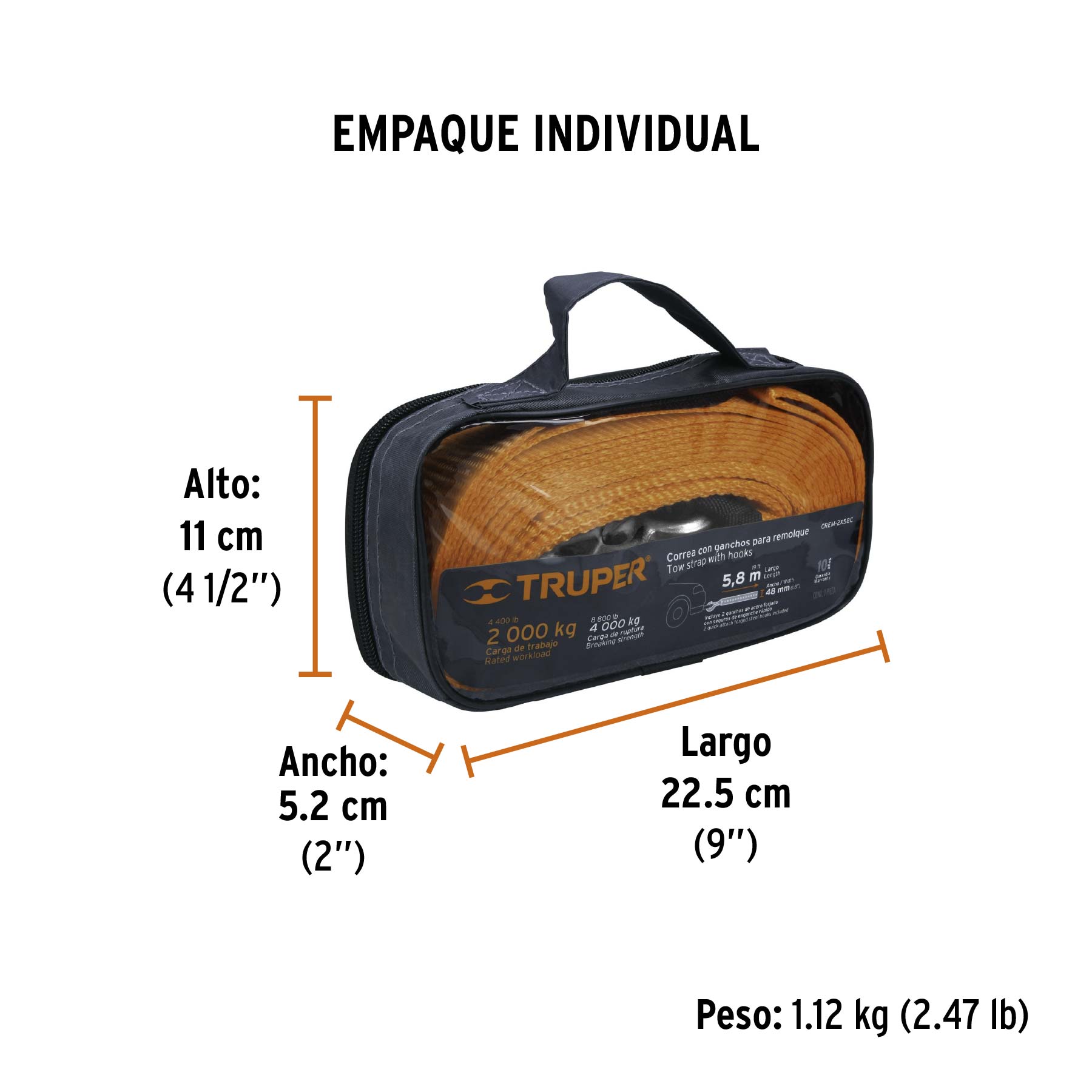 Correa con ganchos para remolque, 48 mm x 5.8 m, TRUPER - Empaque