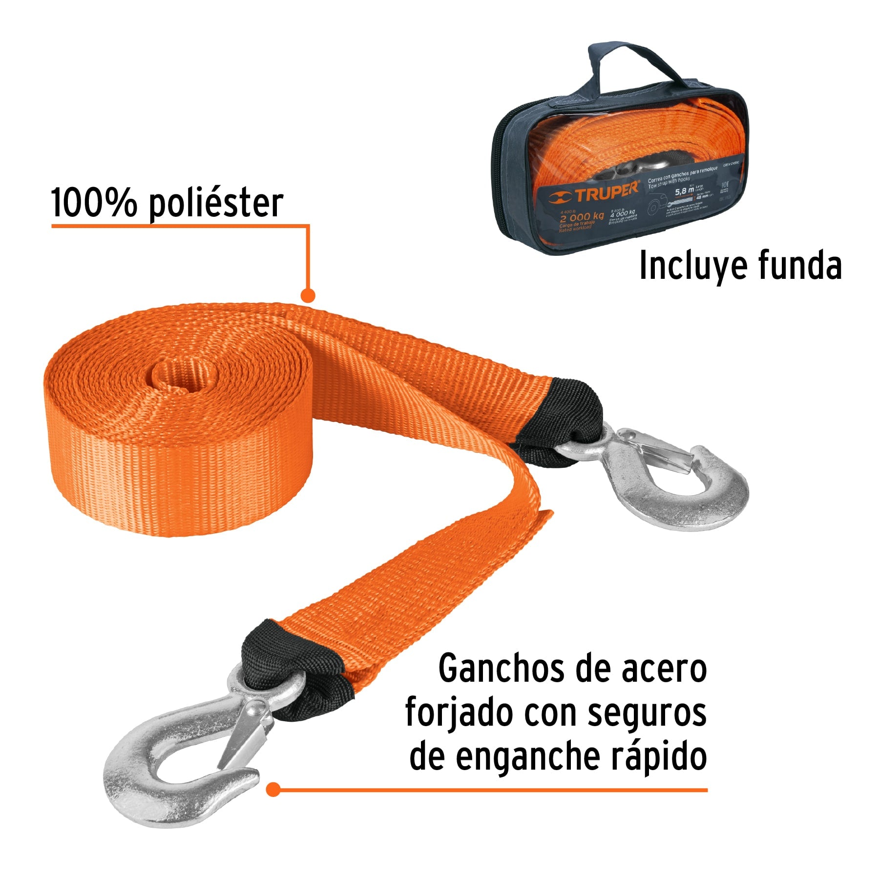 Correa con ganchos para remolque, 48 mm x 5.8 m, TRUPER