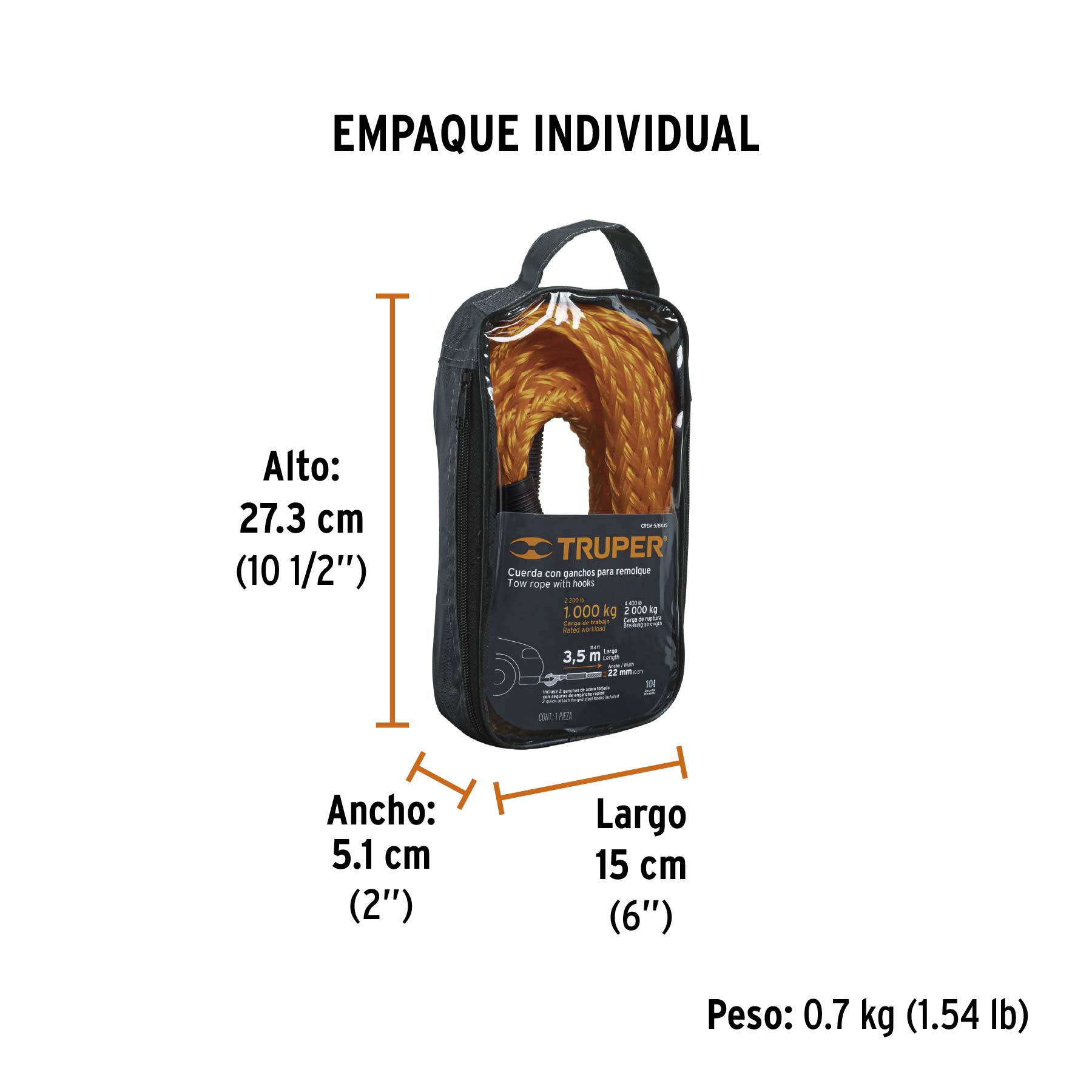 Cuerda con ganchos para remolque, 22 mm x 3.5 m, TRUPER - Empaque
