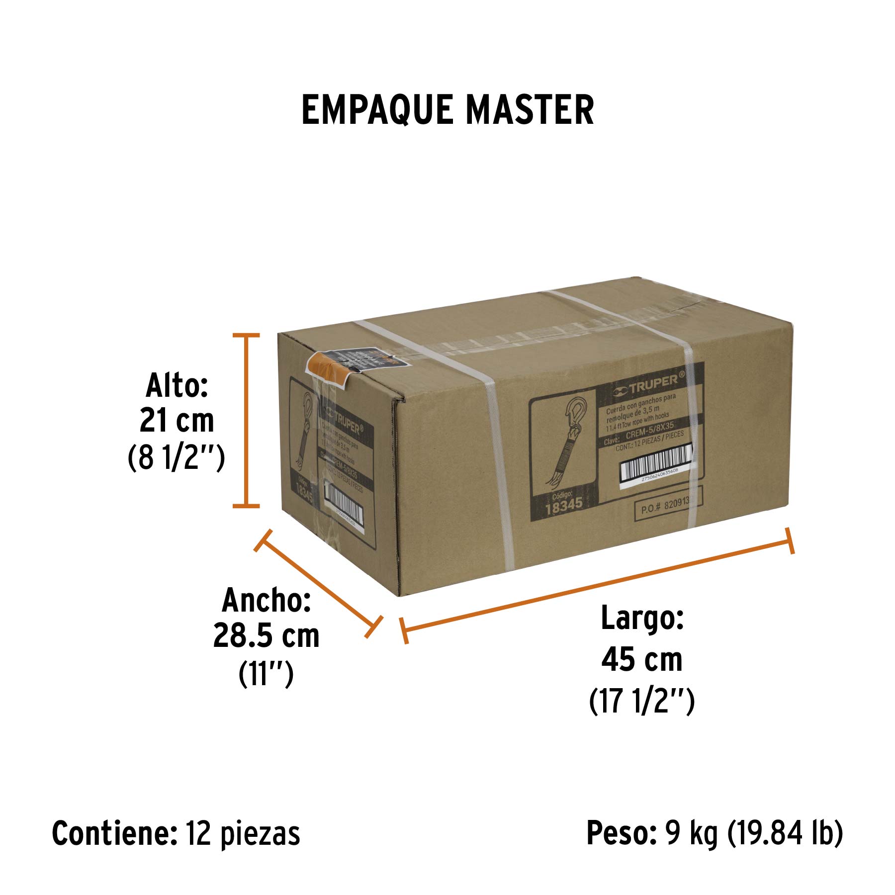 Cuerda con ganchos para remolque, 22 mm x 3.5 m, TRUPER - Empaque