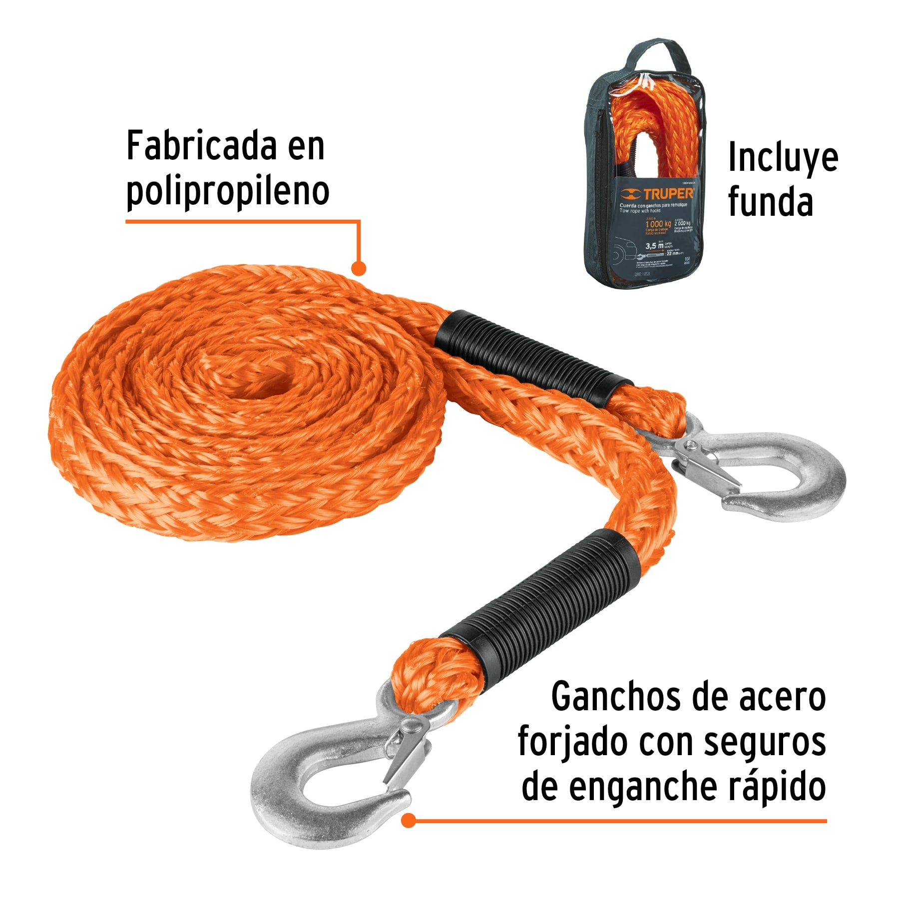 Cuerda con ganchos para remolque, 22 mm x 3.5 m, TRUPER