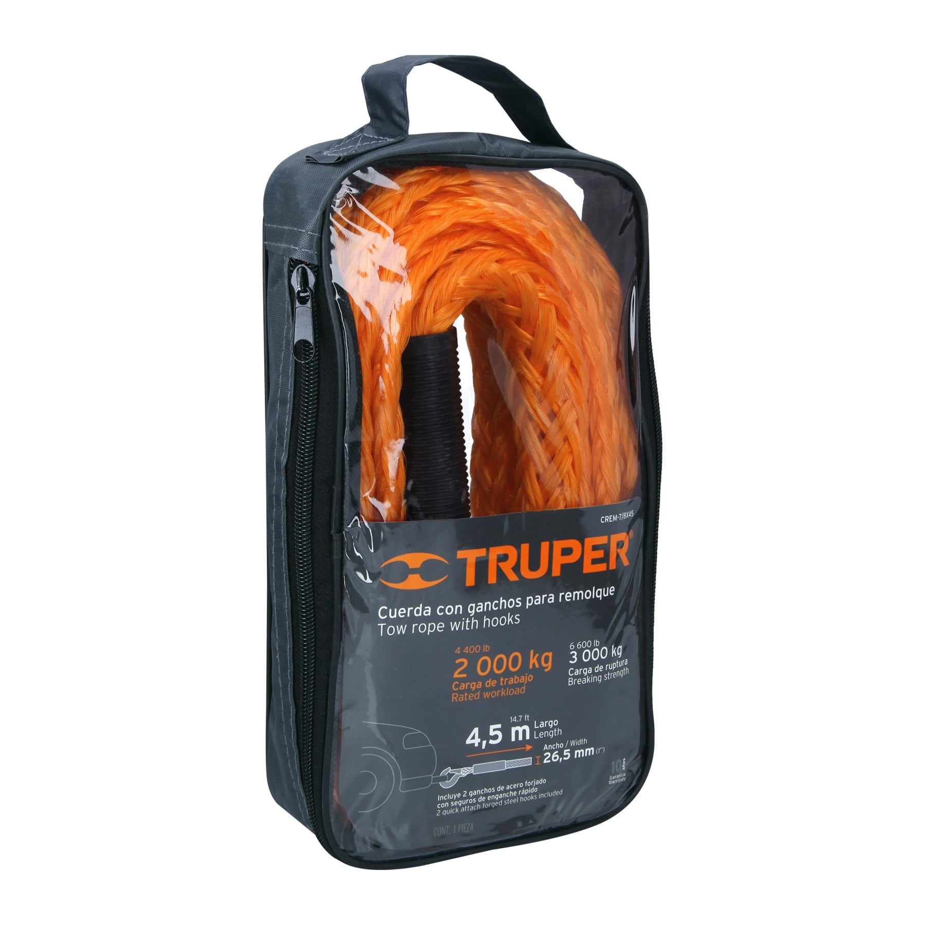 Cuerda con ganchos para remolque, 27 mm x 4.5 m, TRUPER
