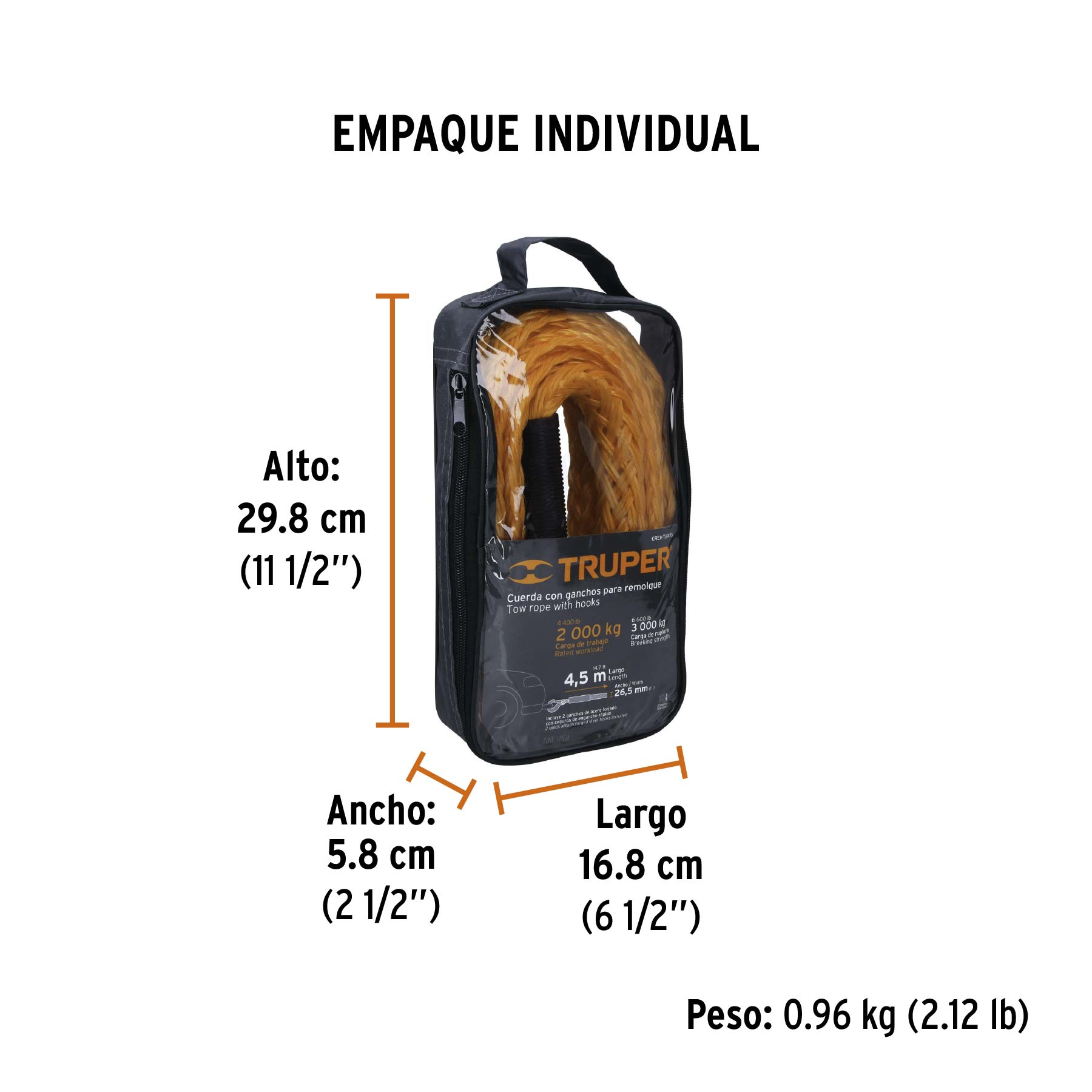 Cuerda con ganchos para remolque, 27 mm x 4.5 m, TRUPER - Empaque