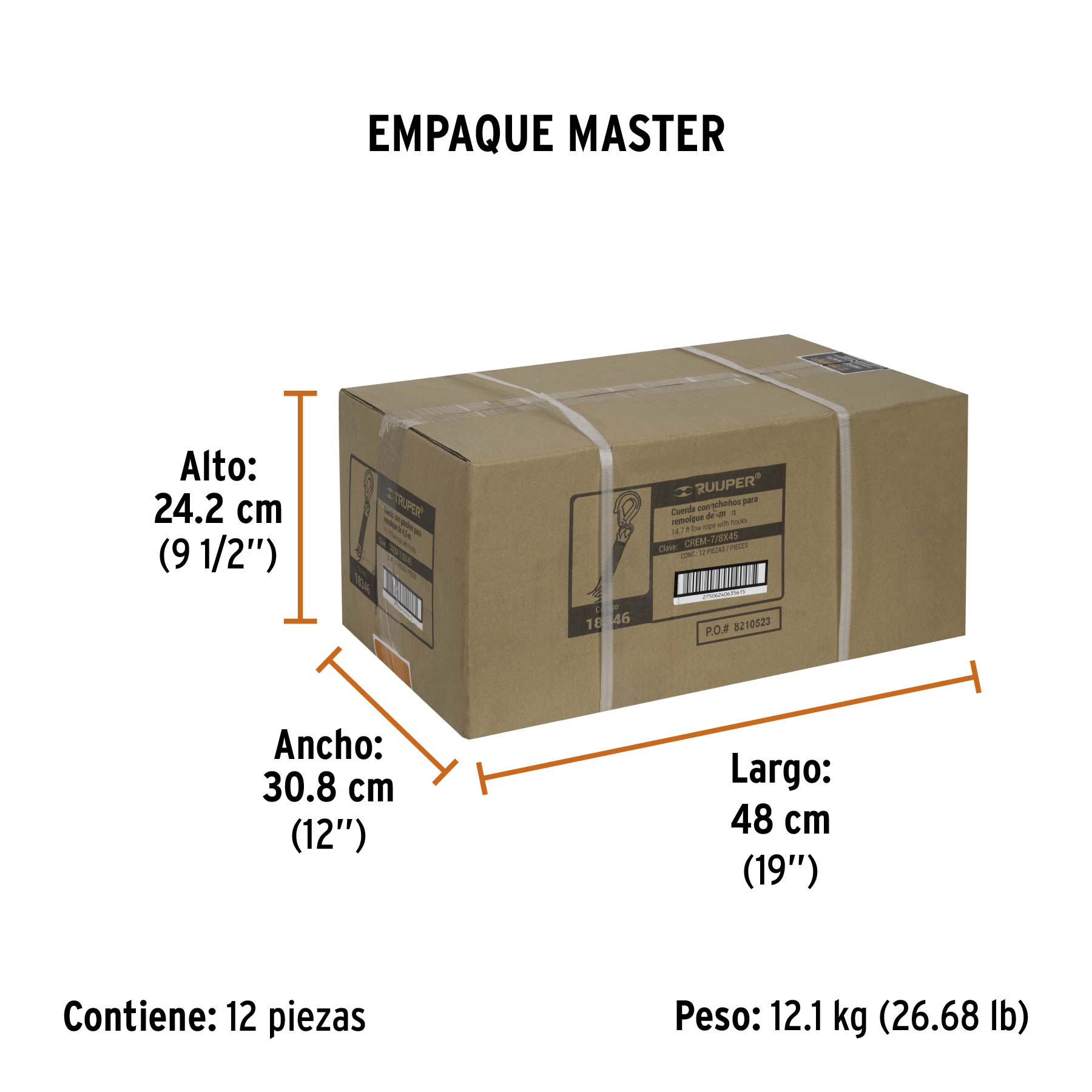 Cuerda con ganchos para remolque, 27 mm x 4.5 m, TRUPER - Empaque