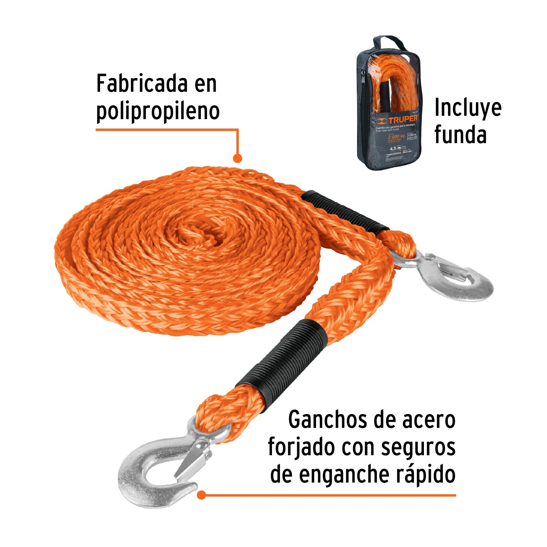 Cuerda con ganchos para remolque, 27 mm x 4.5 m, TRUPER