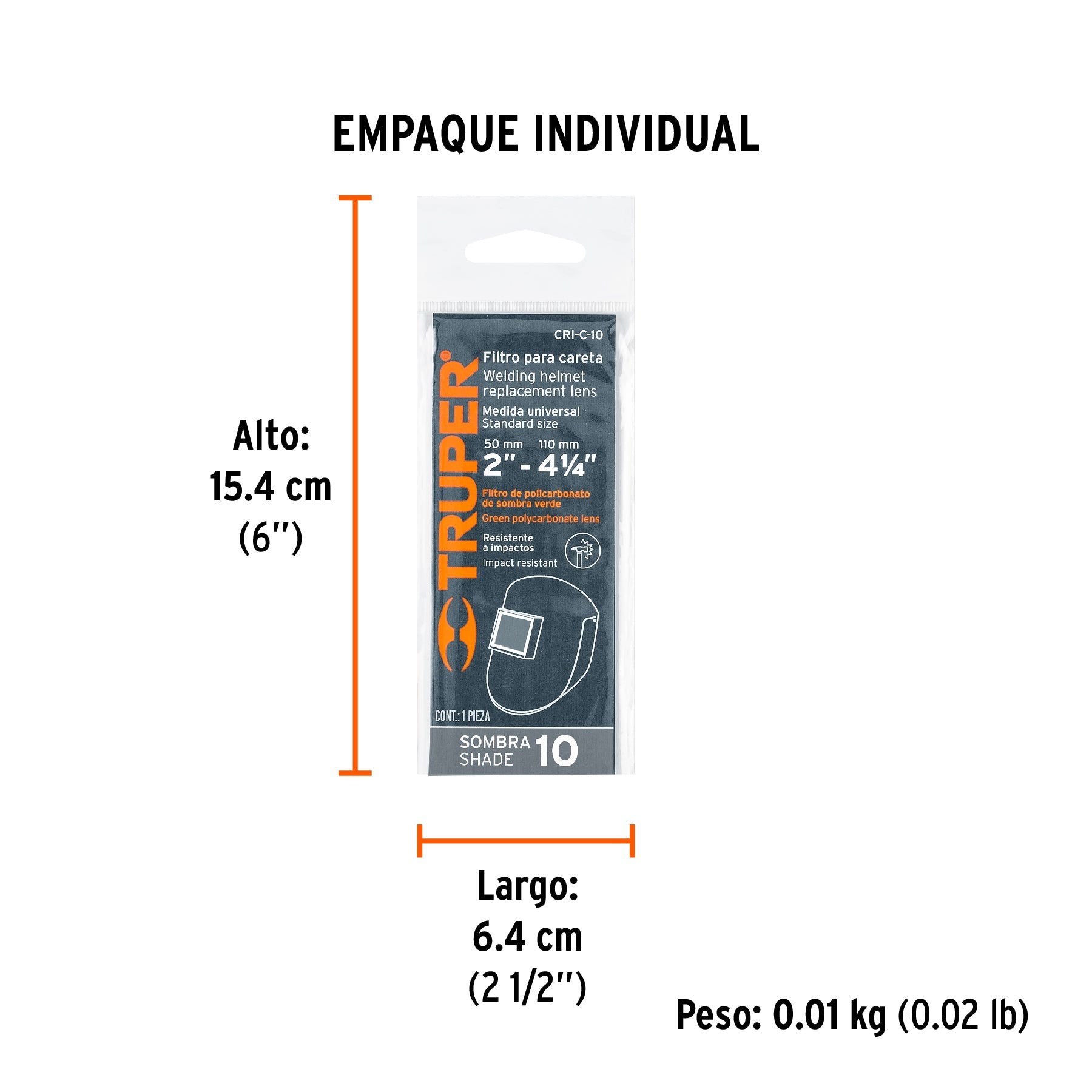 Lente sombra 10 para caretas CASO-3 y CASO-300-P, TRUPER - Empaque