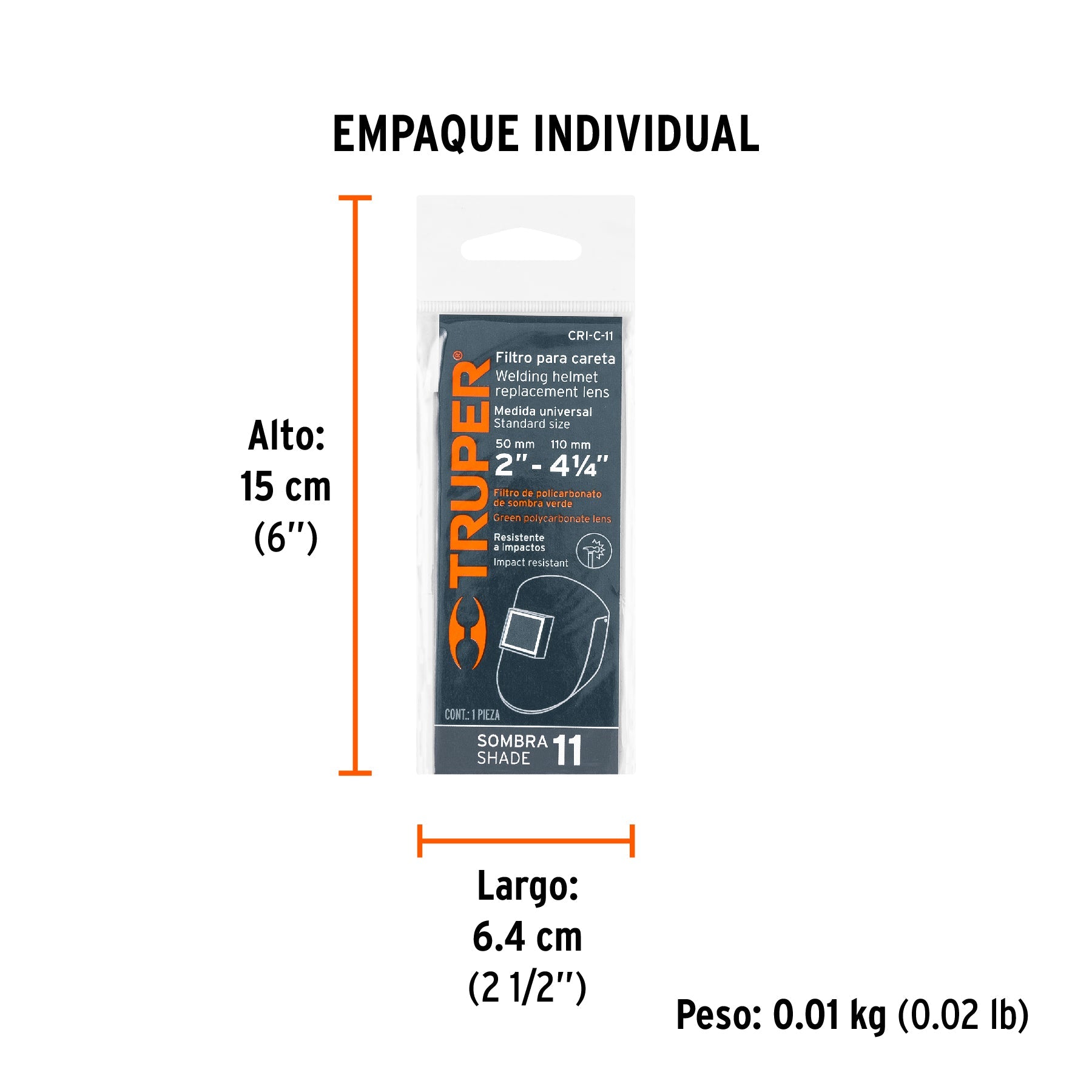 Lente sombra 11 para caretas CASO-3 y CASO-300-P, TRUPER - Empaque