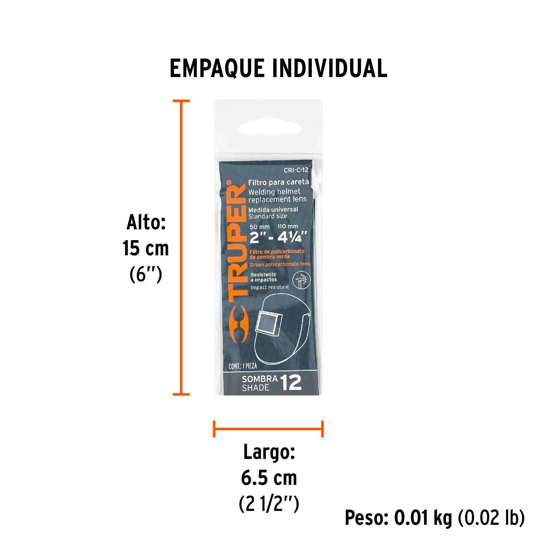 Lente sombra 12 para caretas CASO-3 y CASO-300-P, TRUPER - Empaque