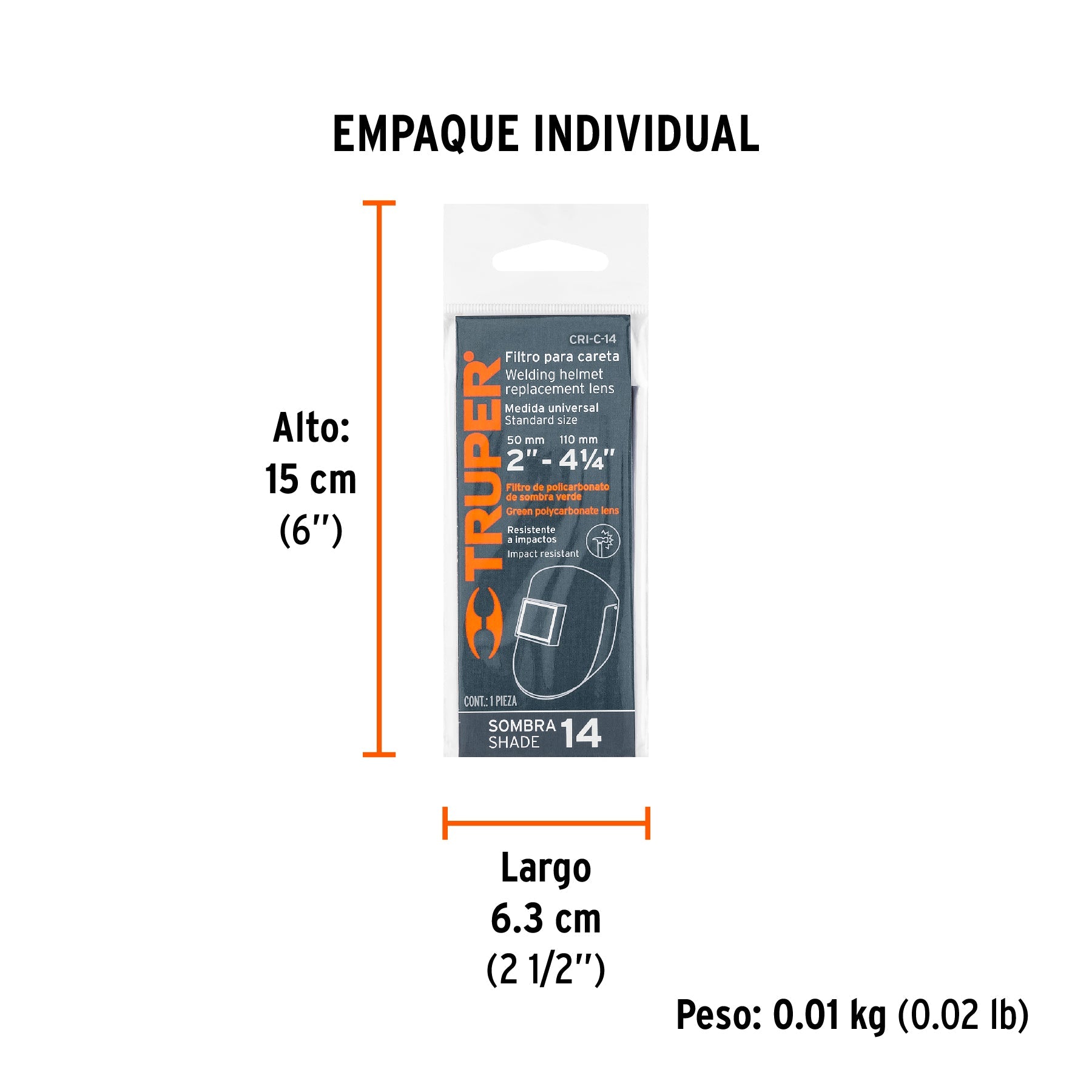 Lente sombra 14 para caretas CASO-3 y CASO-300-P, TRUPER - Empaque