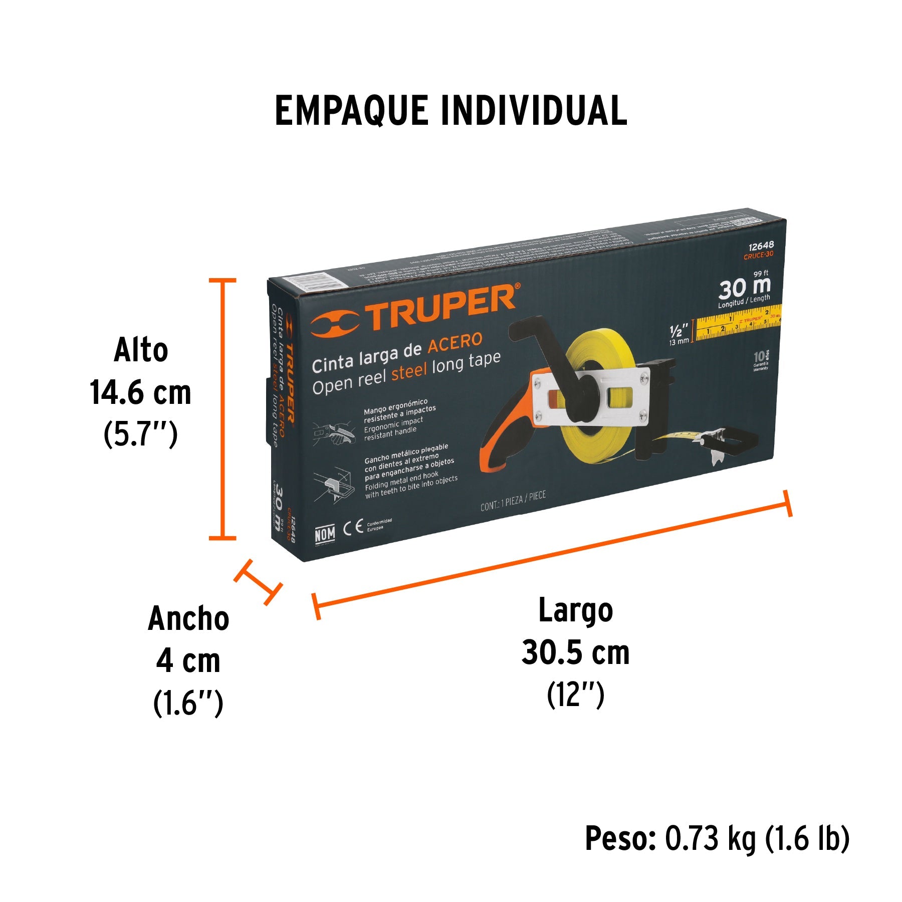 Cinta métrica larga 30 m, metálica, tipo cruceta, TRUPER - Empaque