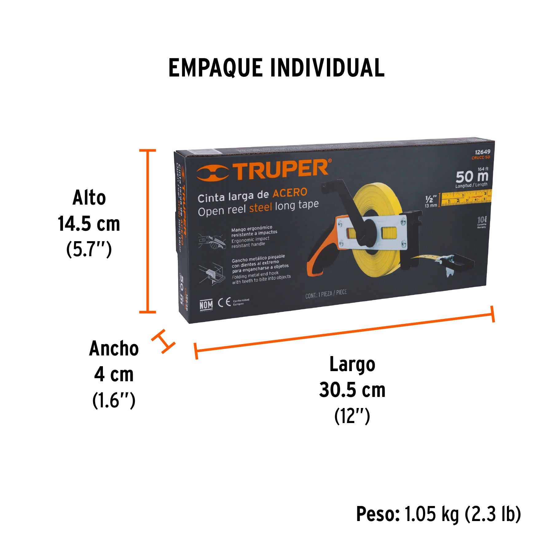 Cinta métrica larga 50 m, metálica, tipo cruceta, TRUPER - Empaque