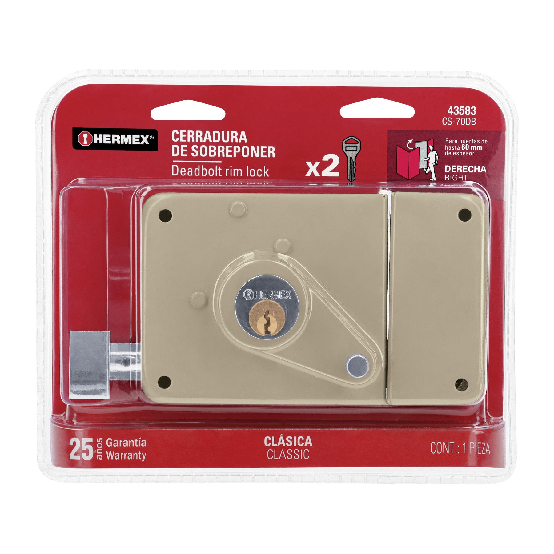 Cerradura sobreponer der clásica, llave tradicional, blíster