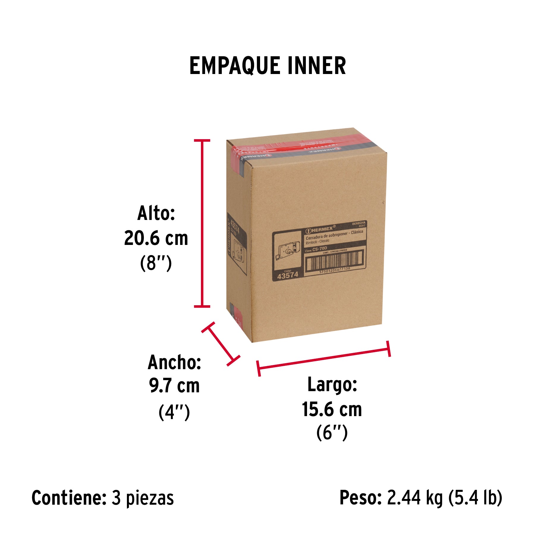 Cerradura sobreponer der clásica, llave tradicional, caja - Empaque