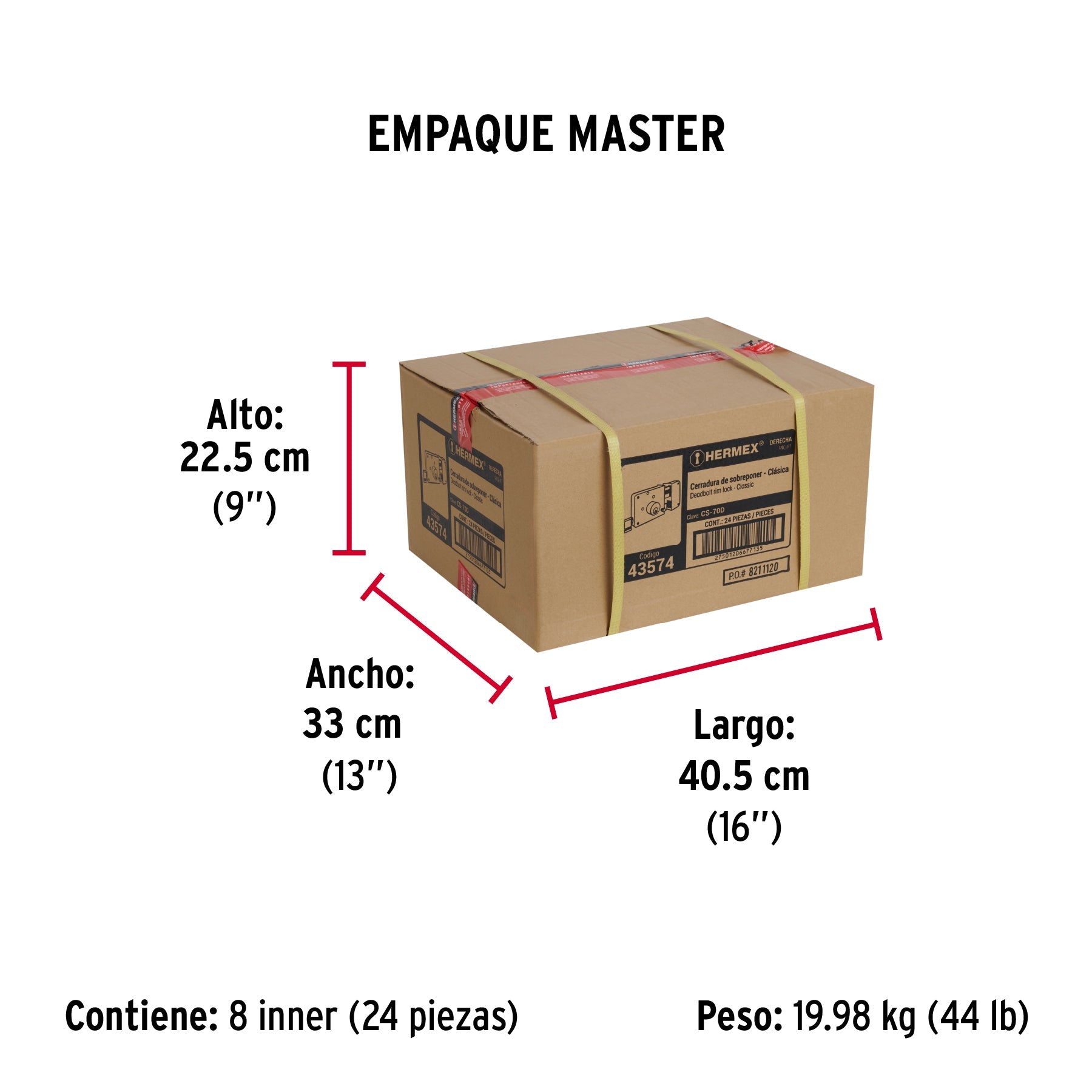 Cerradura sobreponer der clásica, llave tradicional, caja - Empaque