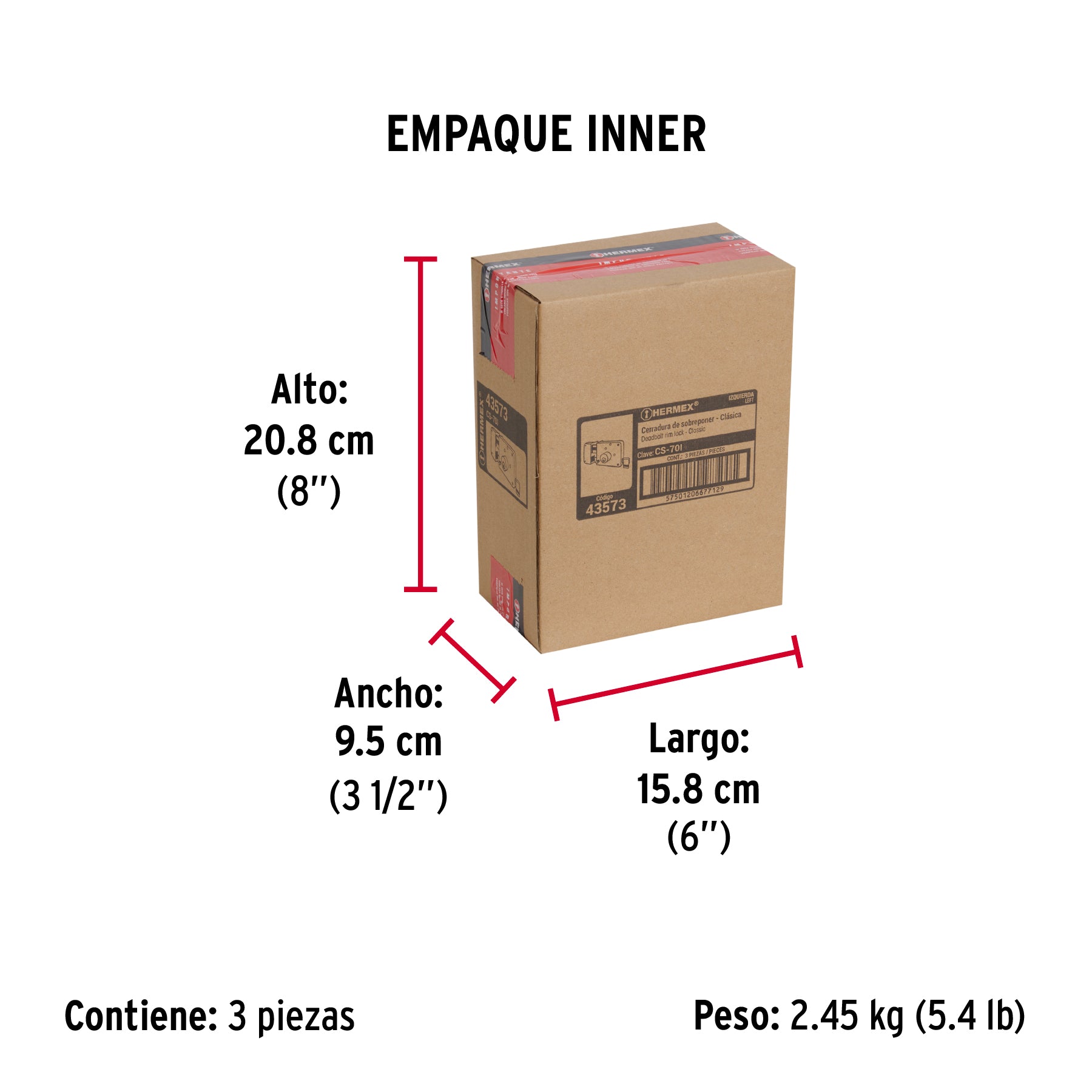 Cerradura sobreponer izq clásica, llave tradicional, caja - Empaque
