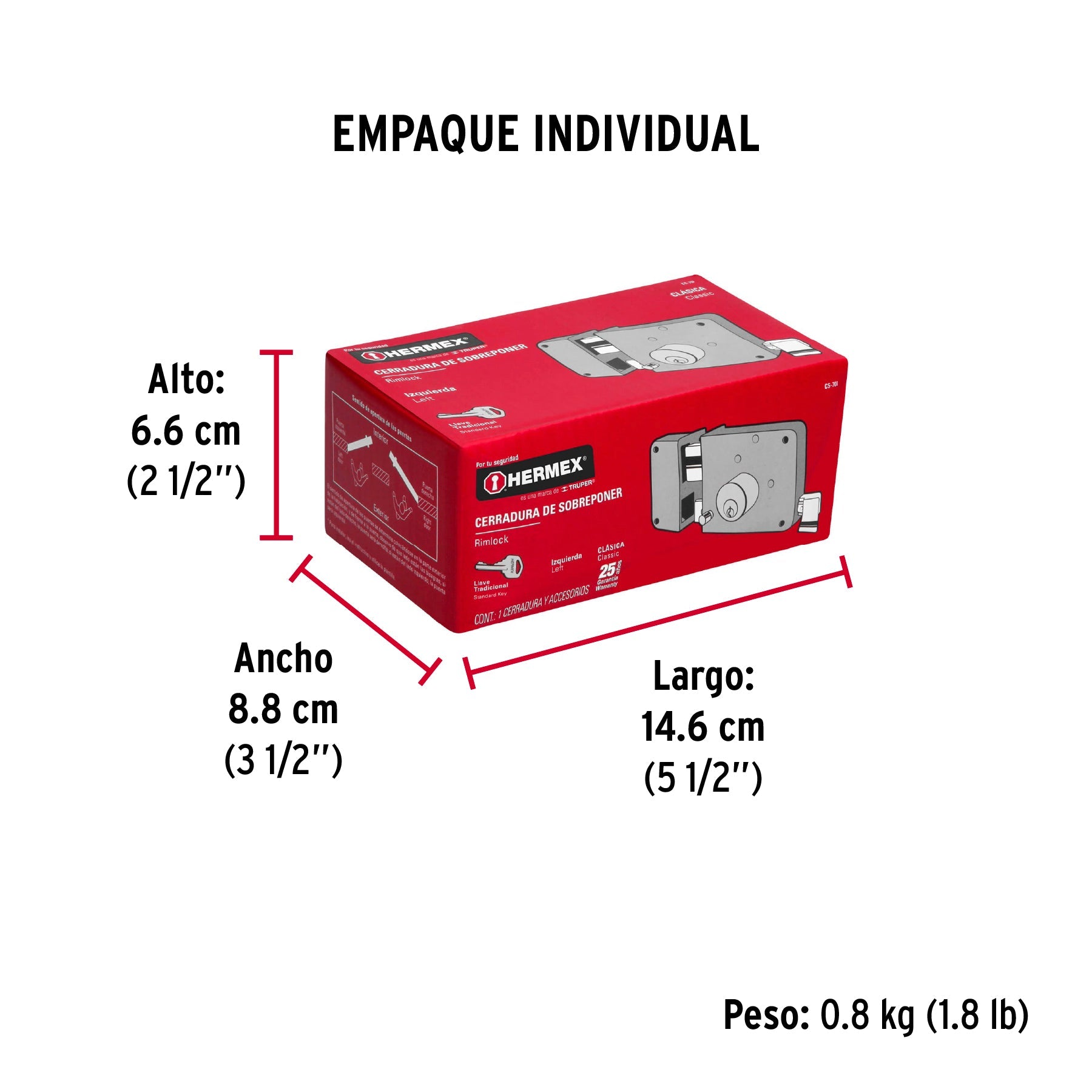 Cerradura sobreponer izq clásica, llave tradicional, caja - Empaque