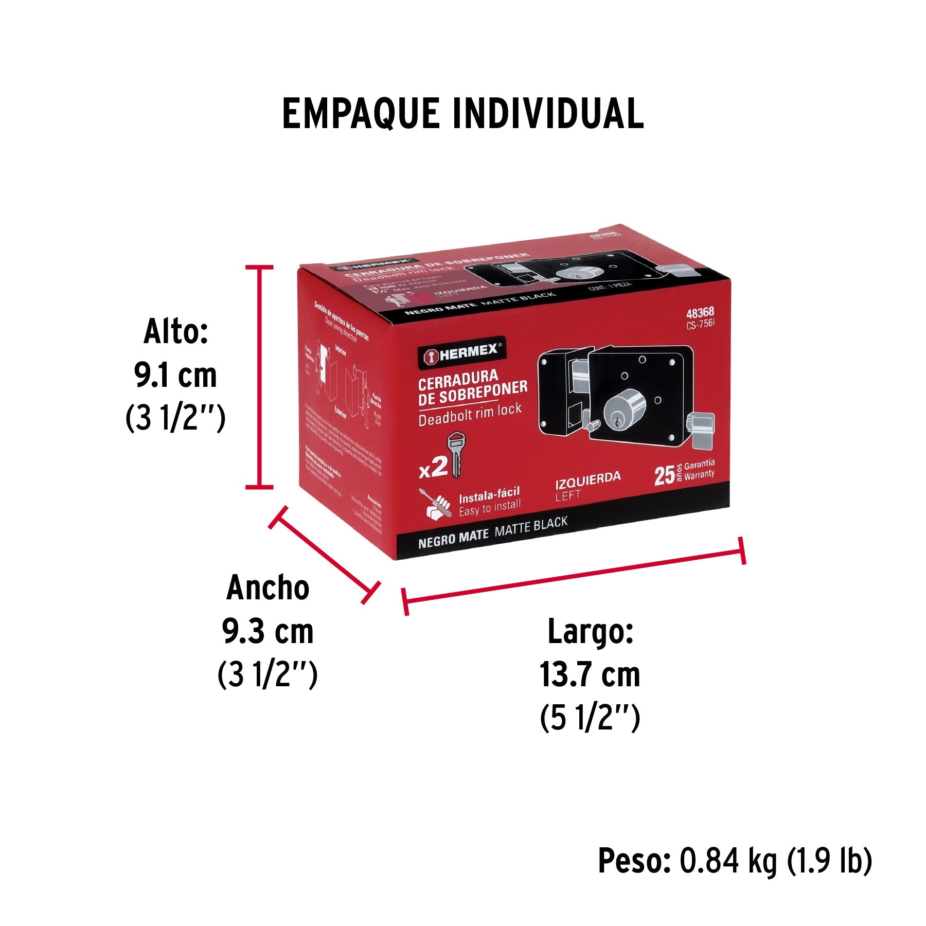 Cerradura sobreponer izq instala-fácil, tradicional, negro - Empaque