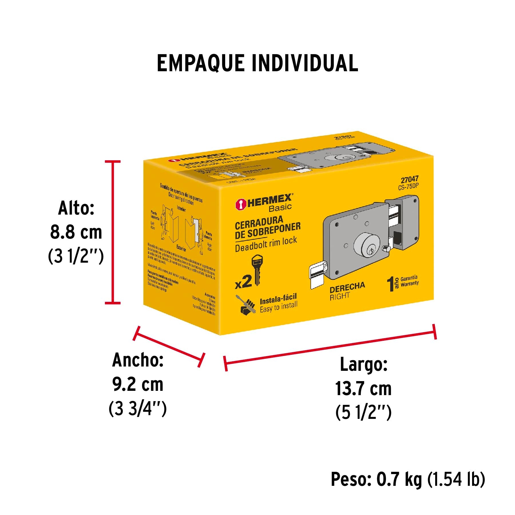 Cerradura sobreponer der instala-fácil, caja, HERMEX BASIC - Empaque
