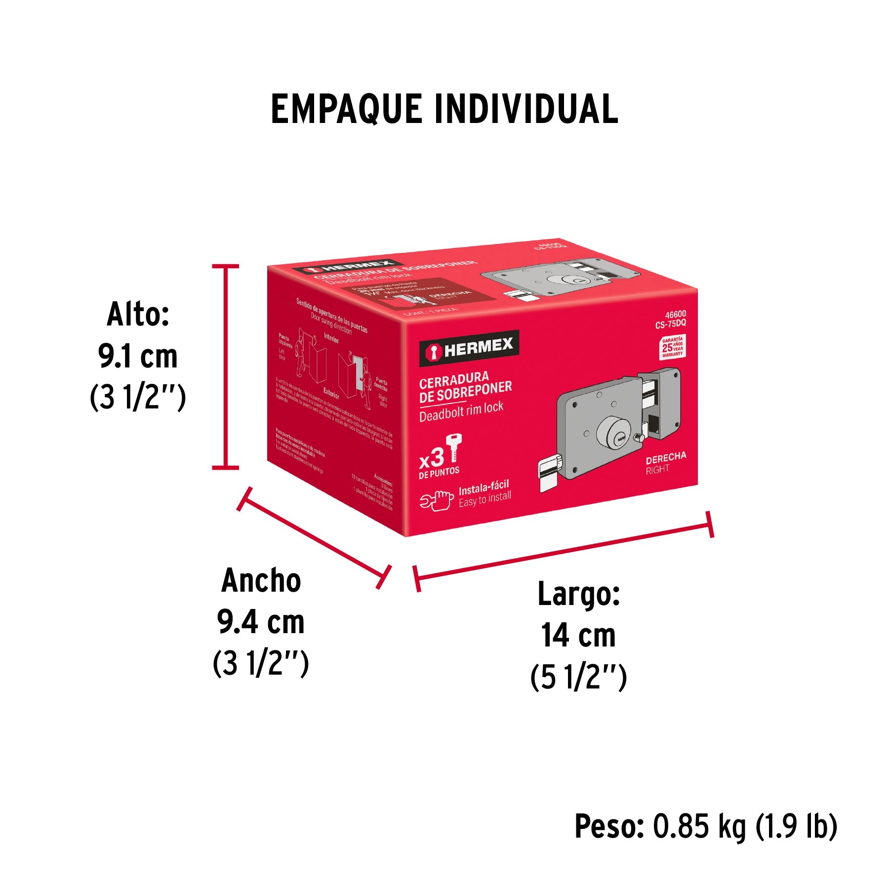 Cerradura sobreponer der instala-fácil, llave puntos, caja - Empaque