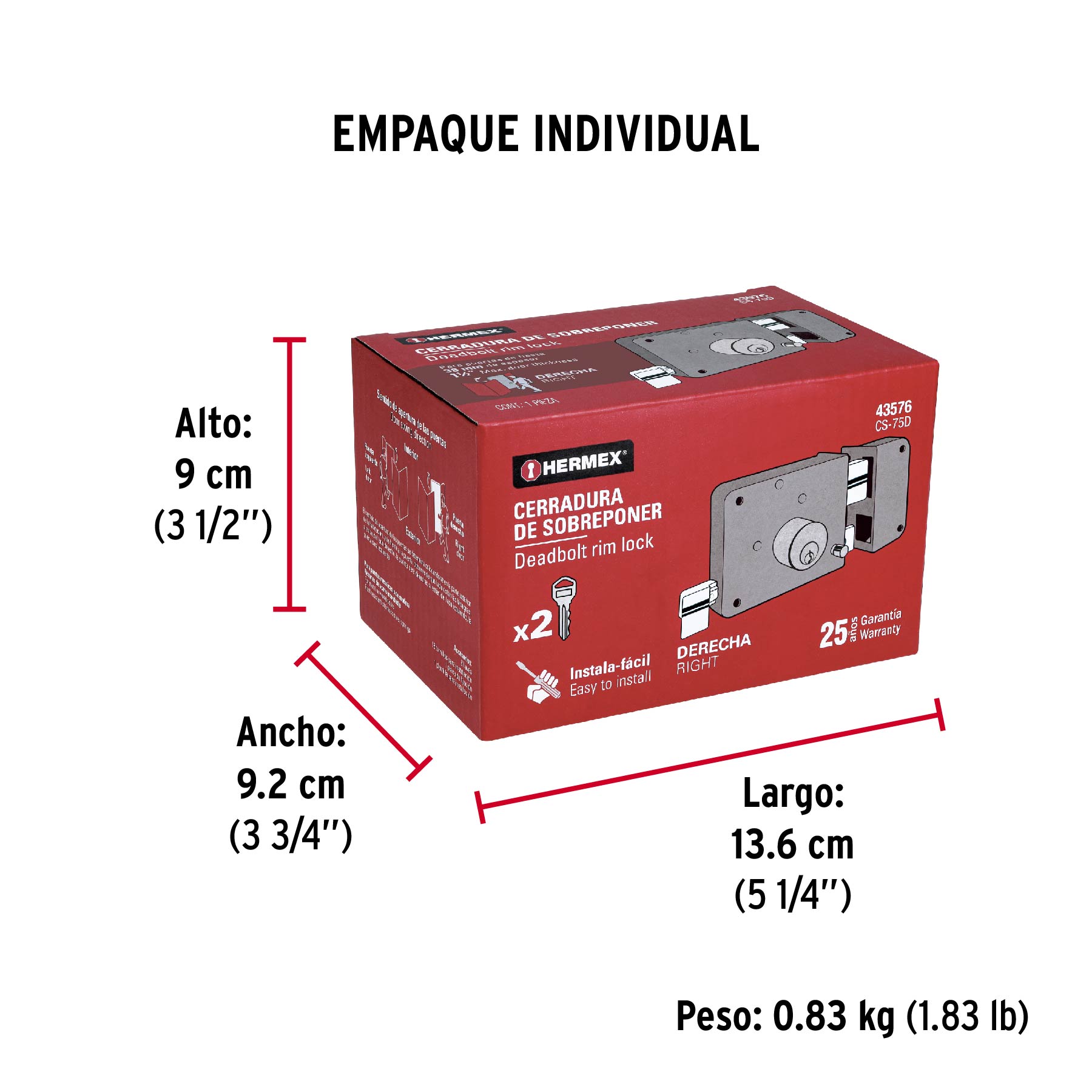 Cerradura sobreponer der instala-fácil, tradicional, caja - Empaque