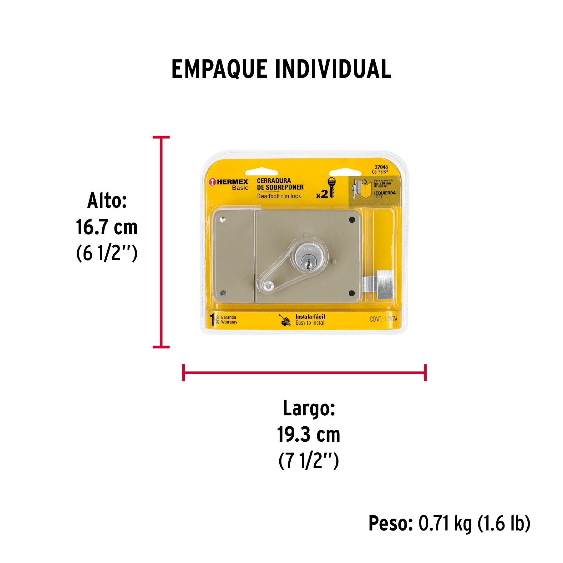Cerradura sobreponer izq instala-fácil, blíster, BASIC - Empaque