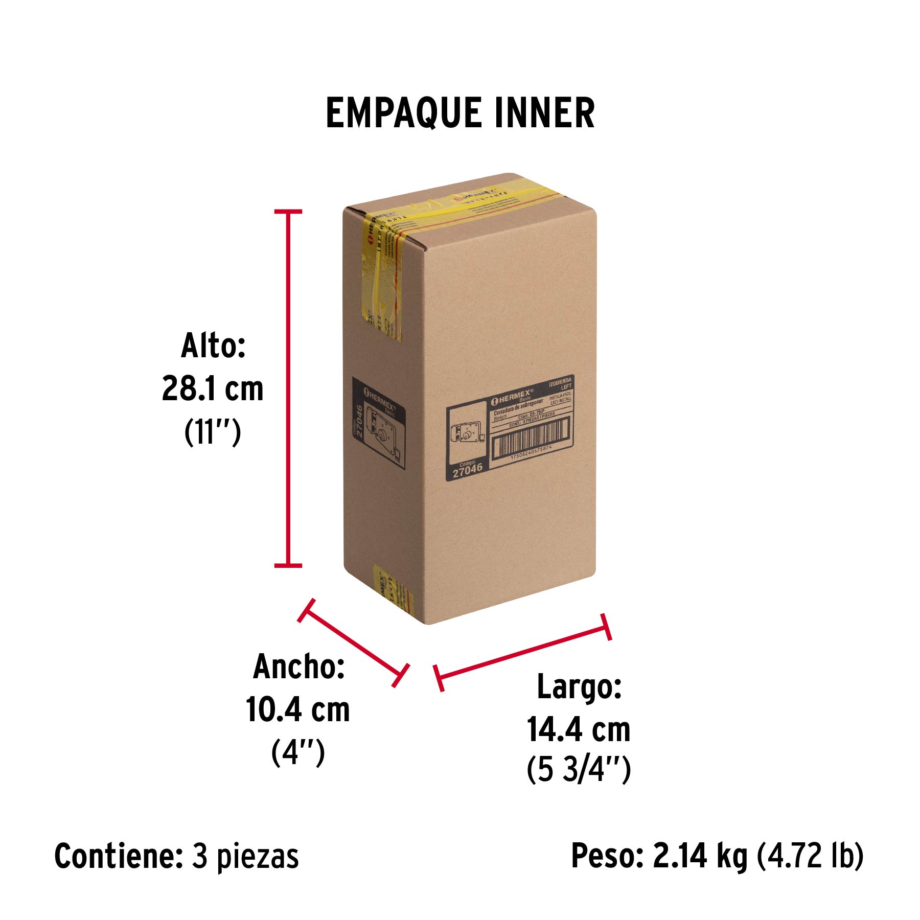 Cerradura sobreponer izq instala-fácil, caja, HERMEX BASIC - Empaque