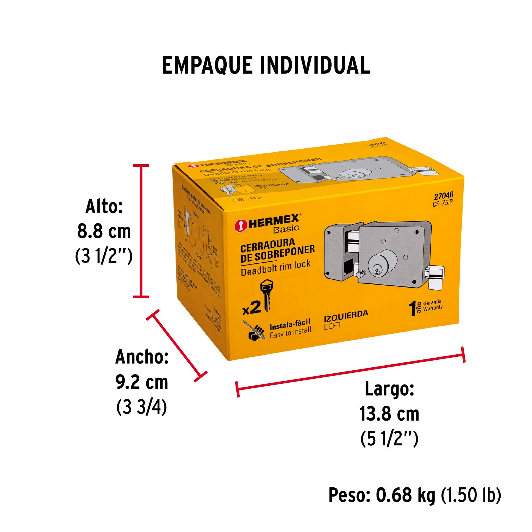 Cerradura sobreponer izq instala-fácil, caja, HERMEX BASIC - Empaque