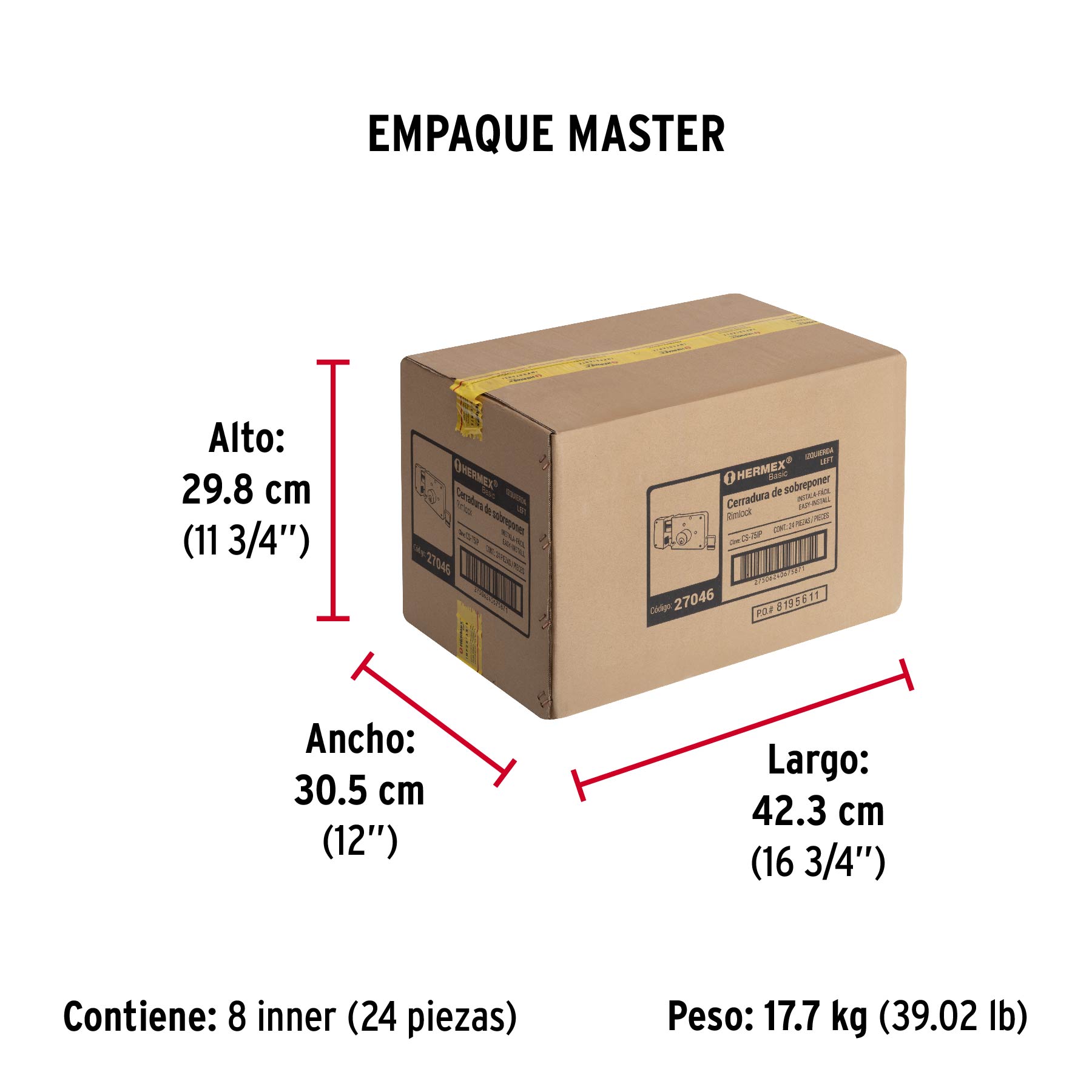Cerradura sobreponer izq instala-fácil, caja, HERMEX BASIC - Empaque