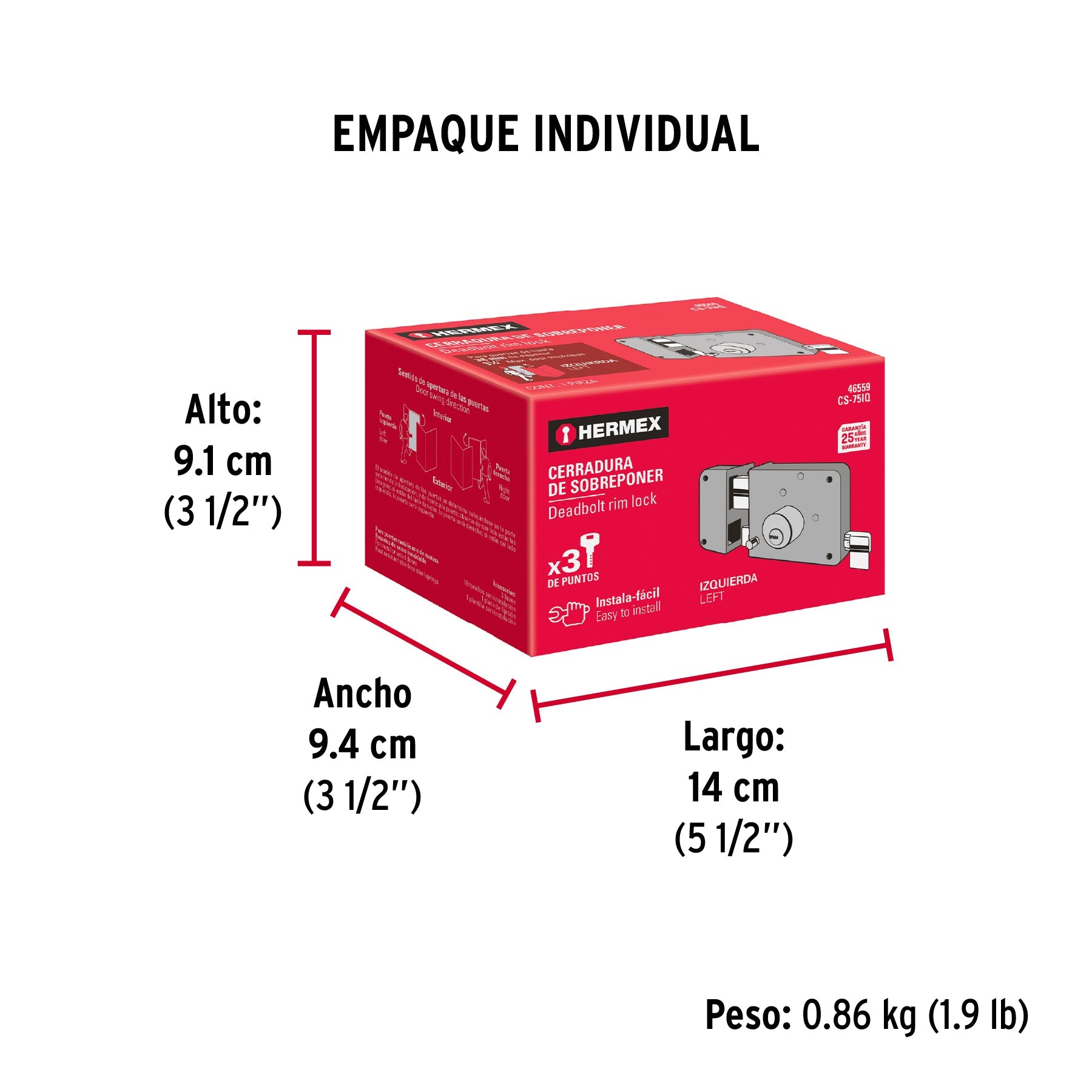 Cerradura sobreponer izq instala-fácil, llave puntos, caja - Empaque