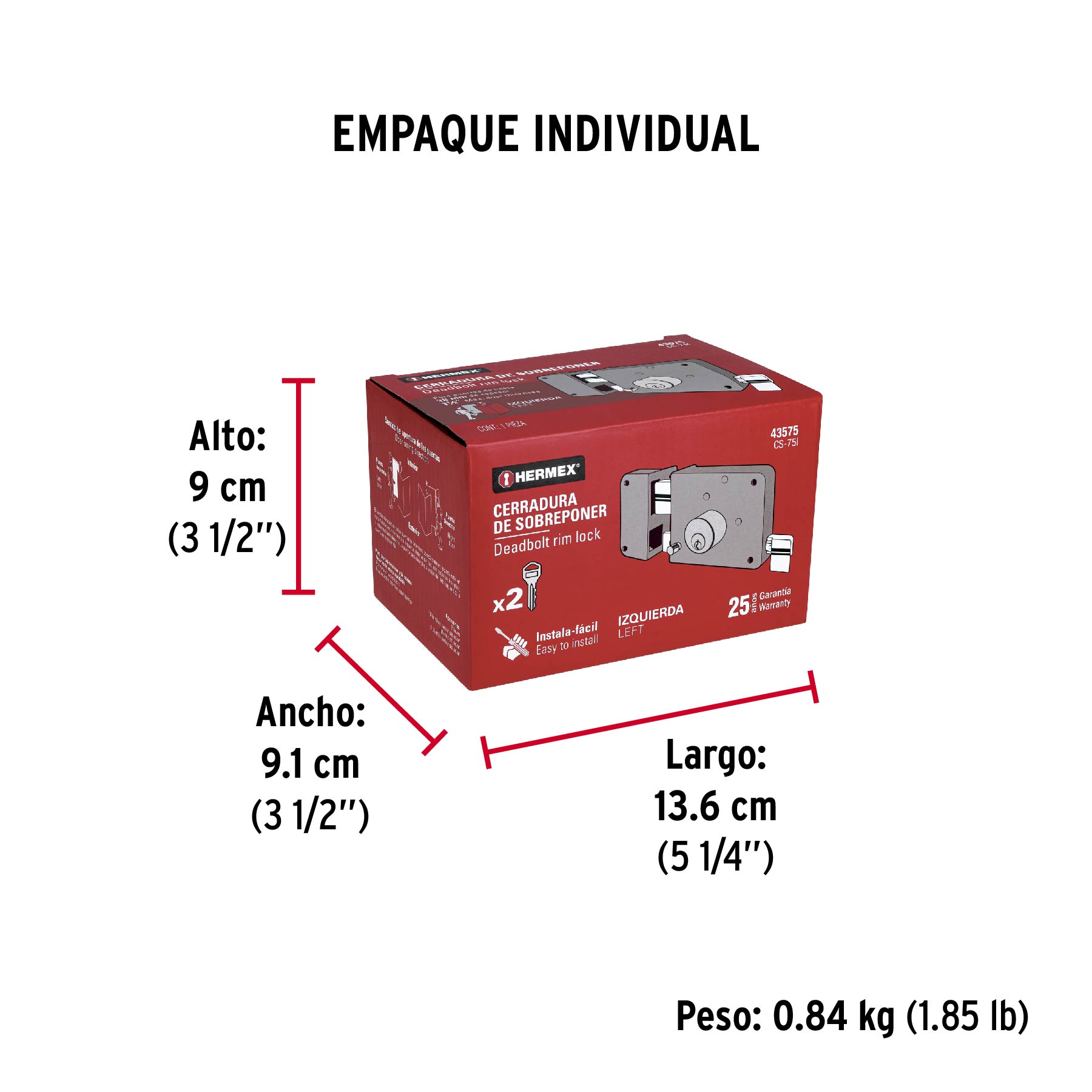 Cerradura sobreponer izq instala-fácil, tradicional, caja - Empaque