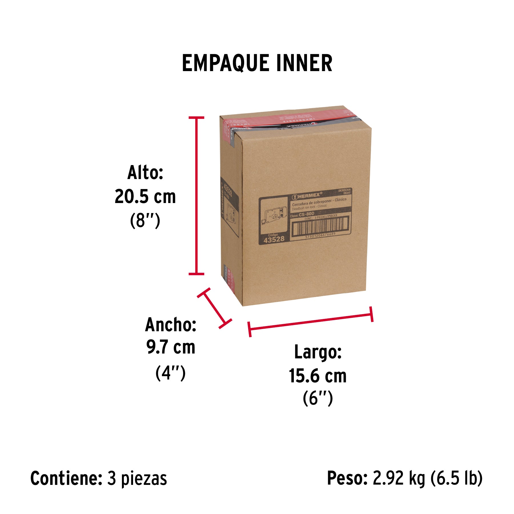 Cerradura sobreponer derecha clásica, llave tetra, caja - Empaque