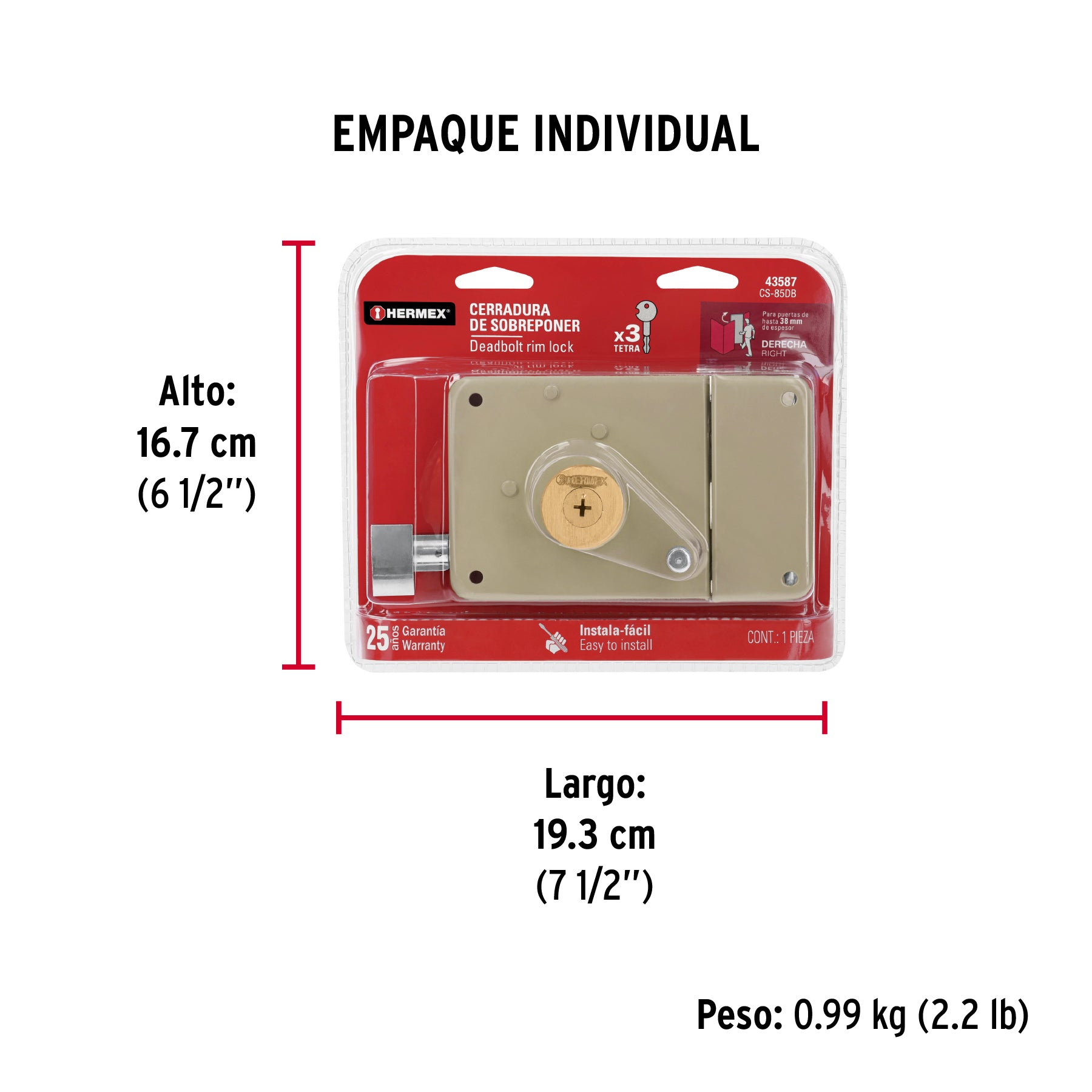 Cerradura sobreponer der instala-fácil, llave tetra, blíster - Empaque