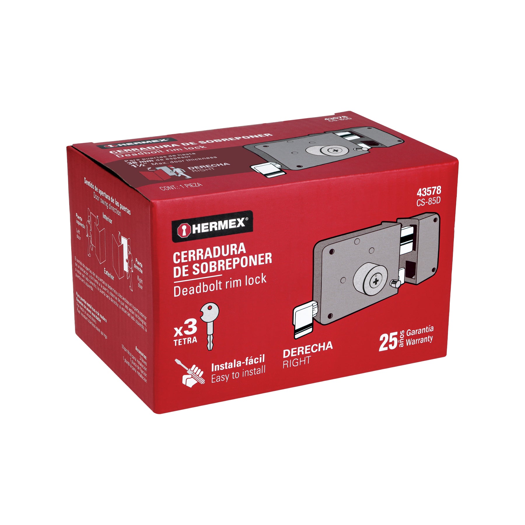 Cerradura sobreponer der instala-fácil, llave tetra, caja
