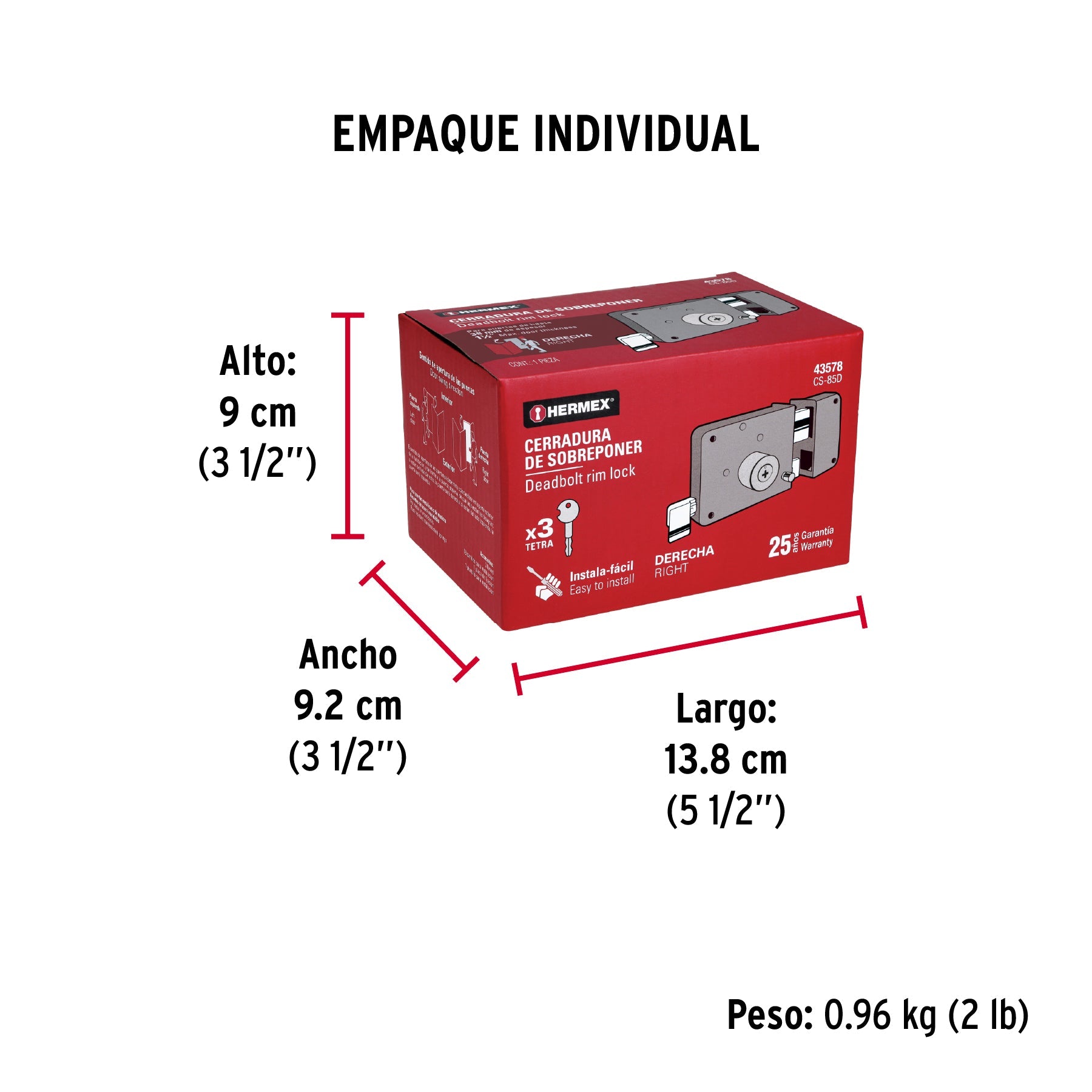 Cerradura sobreponer der instala-fácil, llave tetra, caja - Empaque