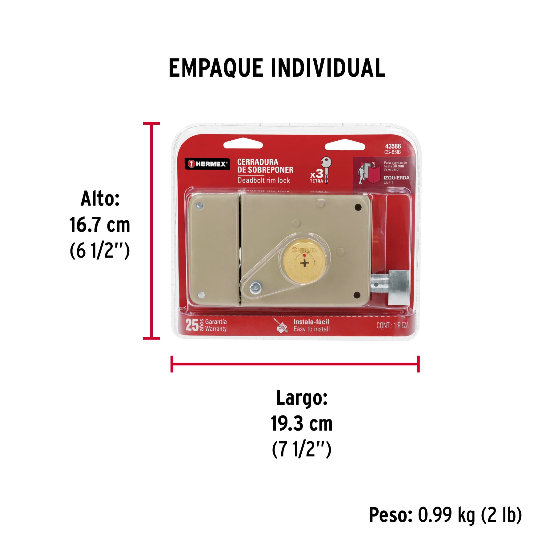 Cerradura sobreponer izq instala-fácil, llave tetra, blíster - Empaque
