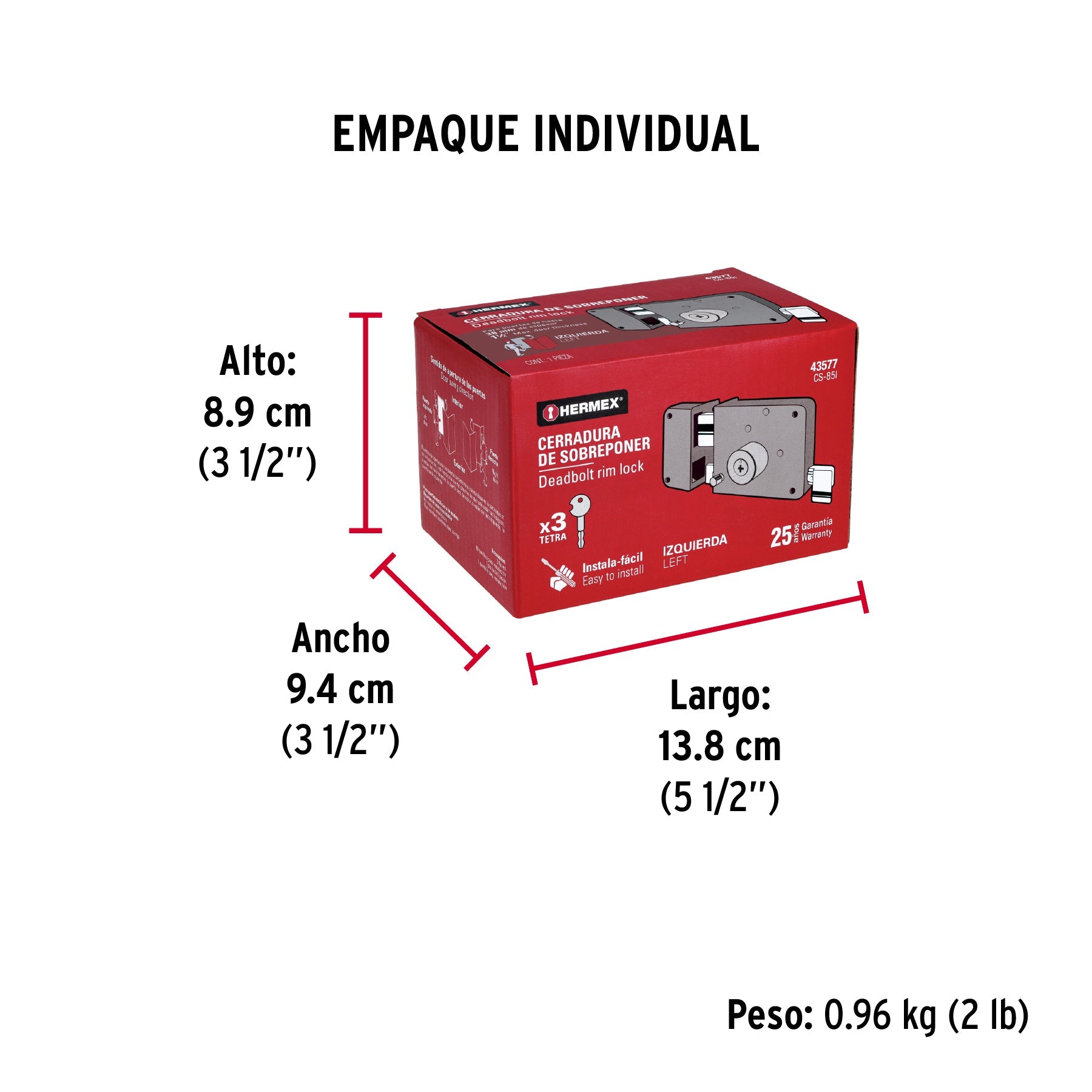 Cerradura sobreponer izq instala-fácil, llave tetra, caja - Empaque