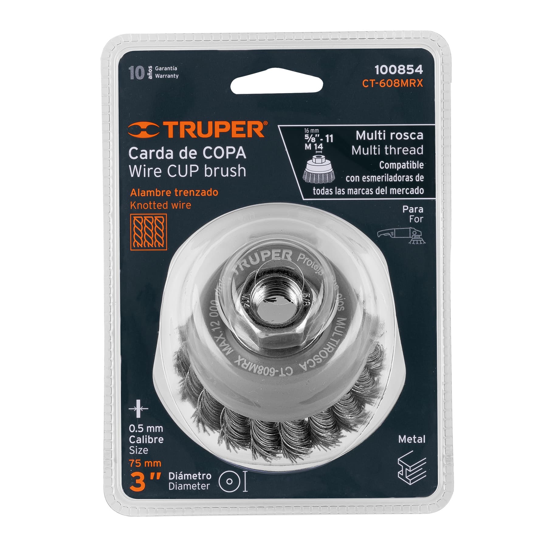 Carda copa 3" alambre trenzado grueso, Multi-rosca, TRUPER
